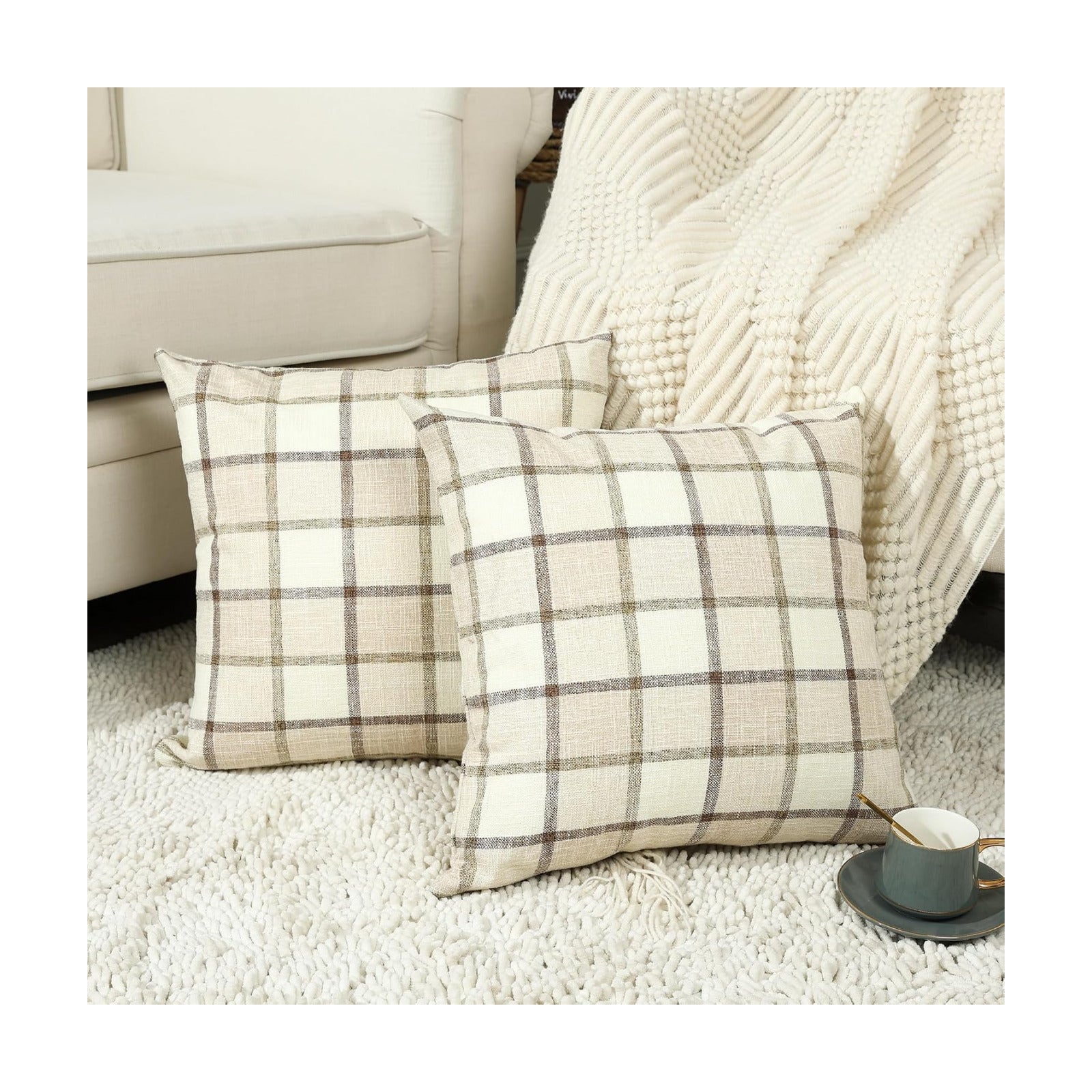 Fall Linen Buffalo Check Throw Pillow Covers / 18 x 18 / Check-beige / Set of 2