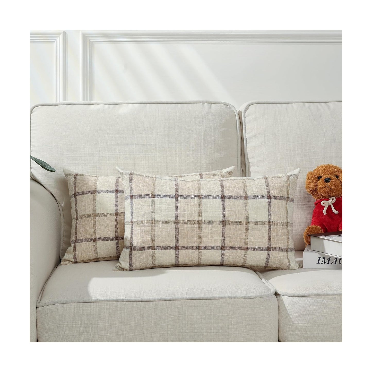 Fall Lumbar Linen Buffalo Check Throw Pillow Covers Autumn / 20 x 12 / Check-beige / Set of 2