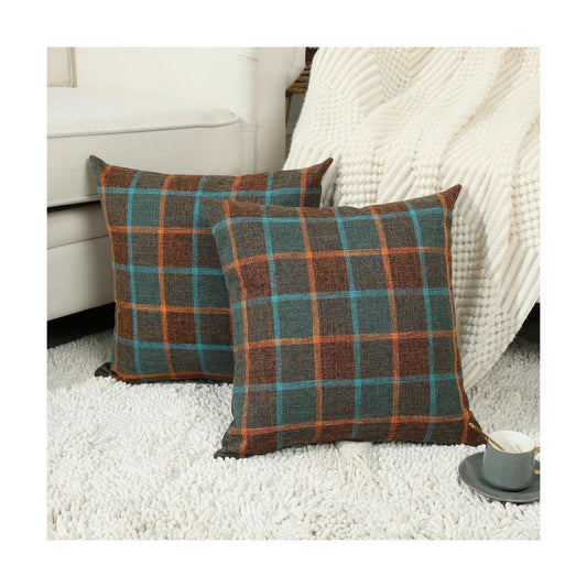 Farmhouse Plaid Decorative Cushion Covers / 18 x 18 / Check-blue Orange / Set of 2