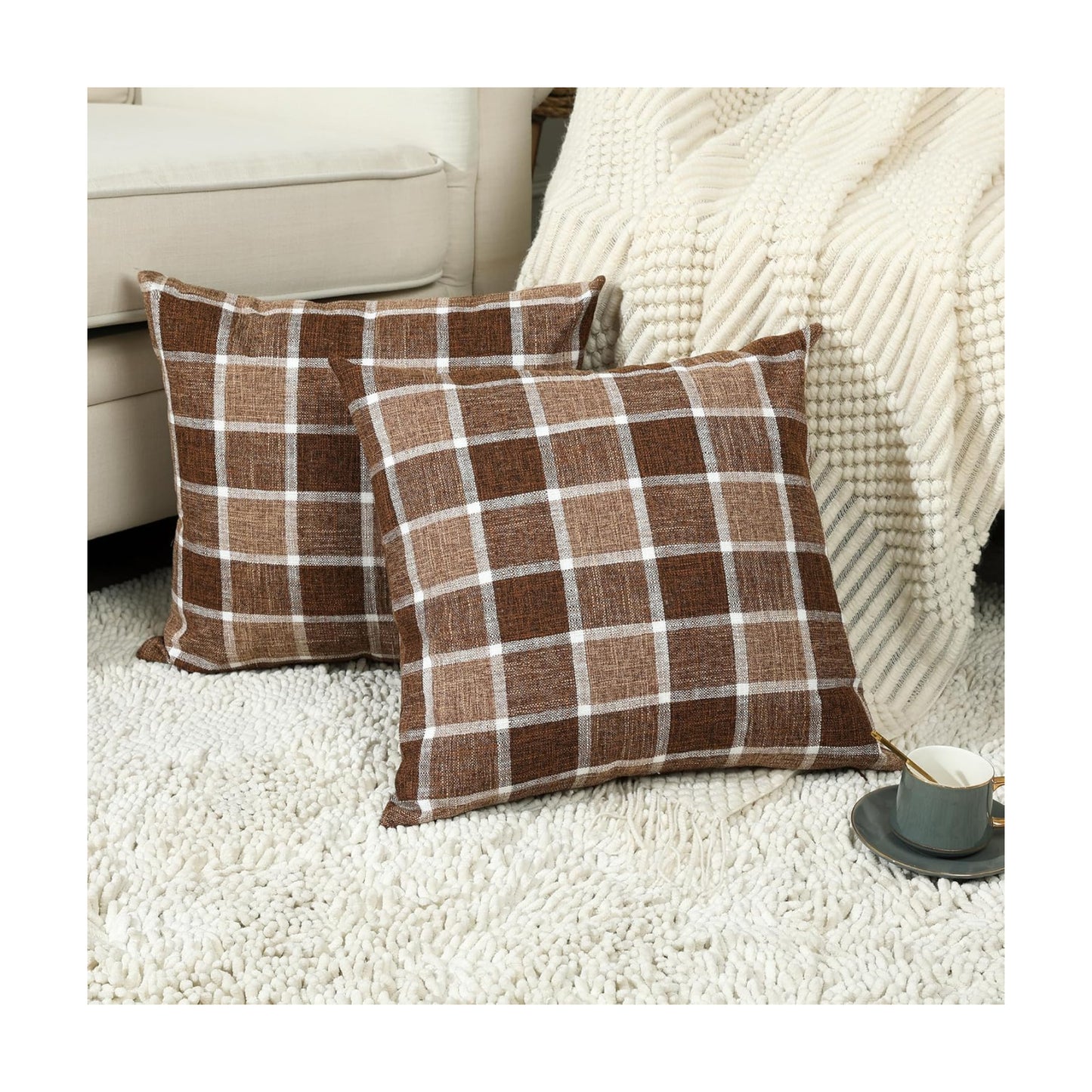 Farmhouse Plaid Decorative Cushion Covers / 18 x 18 / Check-chocolate / Set of 2