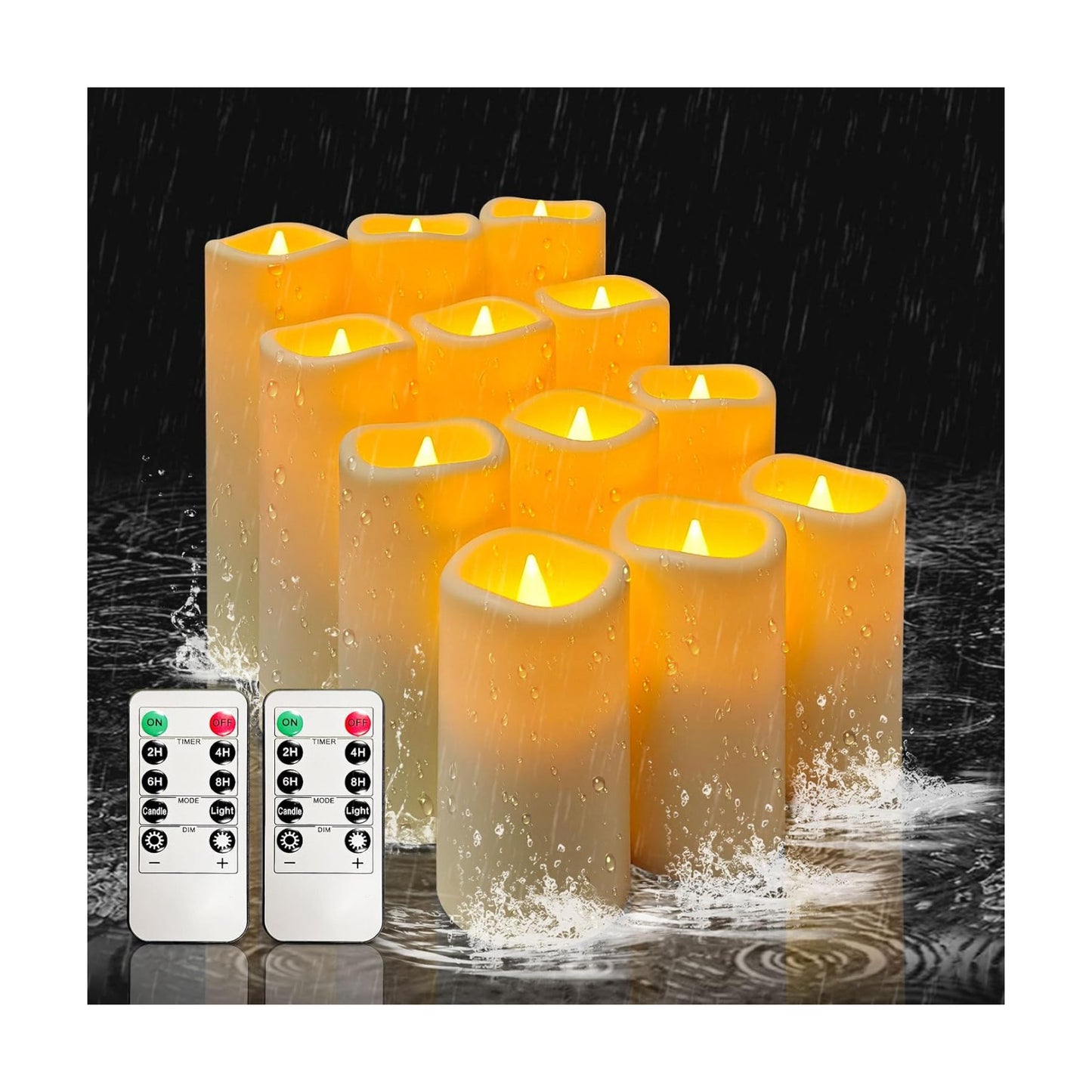 YIWER Waterproof Outdoor Flameless Candle, 12 Pcs Plastic Candles Pillars, 4" 5" 6" 7" LED Candles and 10-Key Remote
