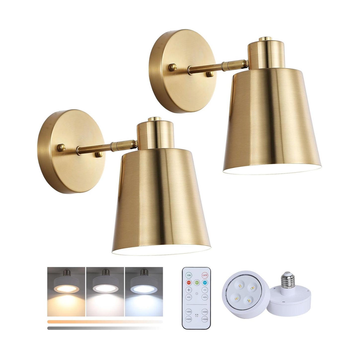 Battery Operated Wall Sconce Set of Two,Gold Modern with Remote Control Dimmable Wall Lighting Indoor, Not Hardwired