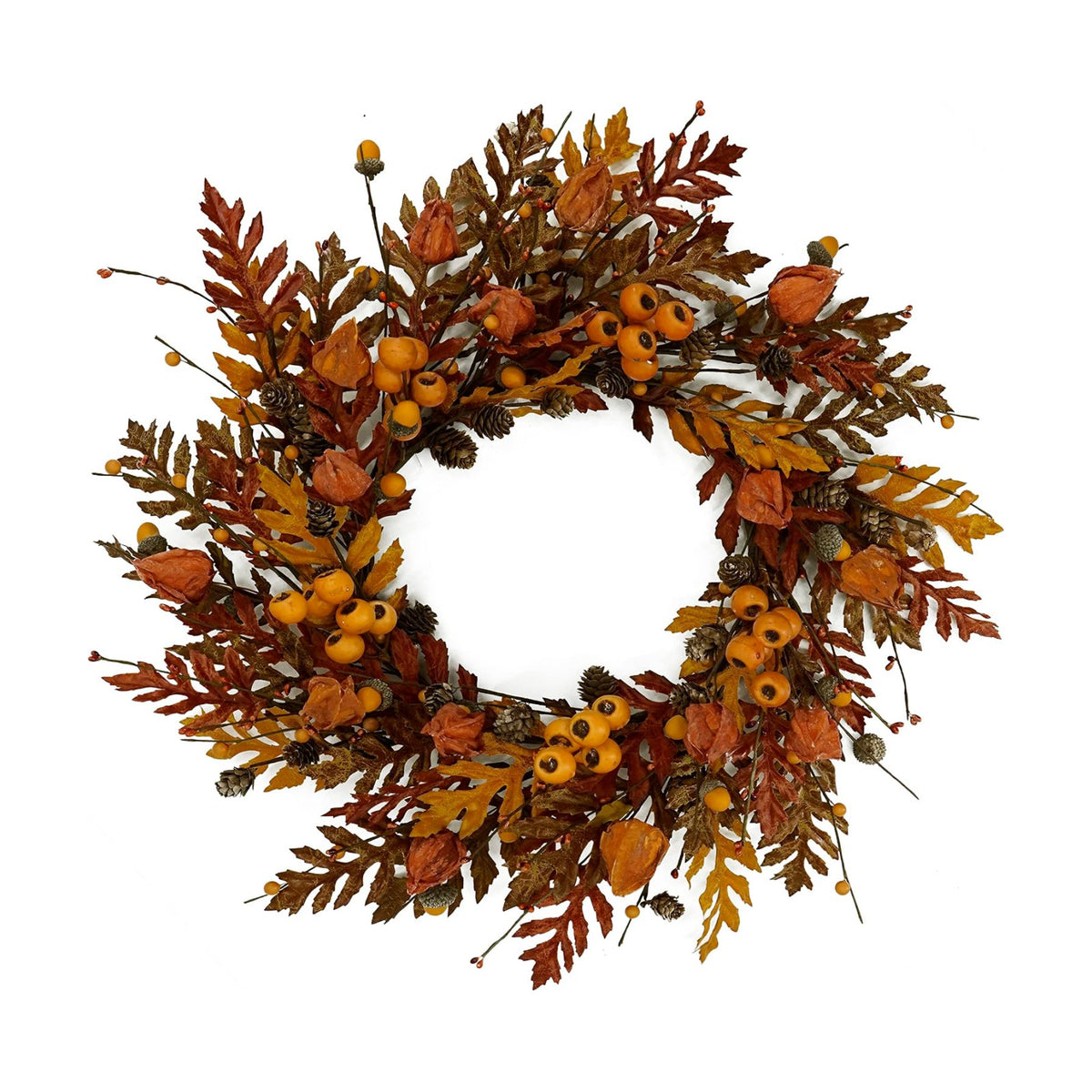 WreathDream 20 inch Fall Wreath Autumn Oak Leaves Wreath with Cape Gooseberry,Oak Leaf,Acorn,Berry,Pine Cone for Front Door Farmhouse Indoor Outdoor Festival Home Decor