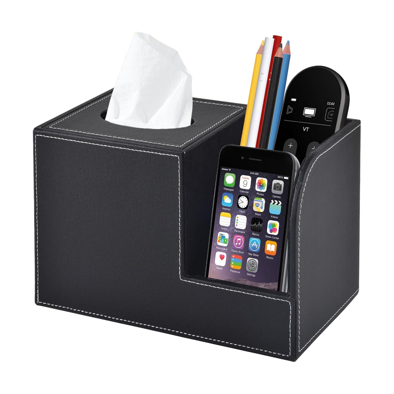 PU Leather Tissue Box Cover with Storage Square-Multifunctional Tissue Holder,Remote Control Holder,Decorative Tissues