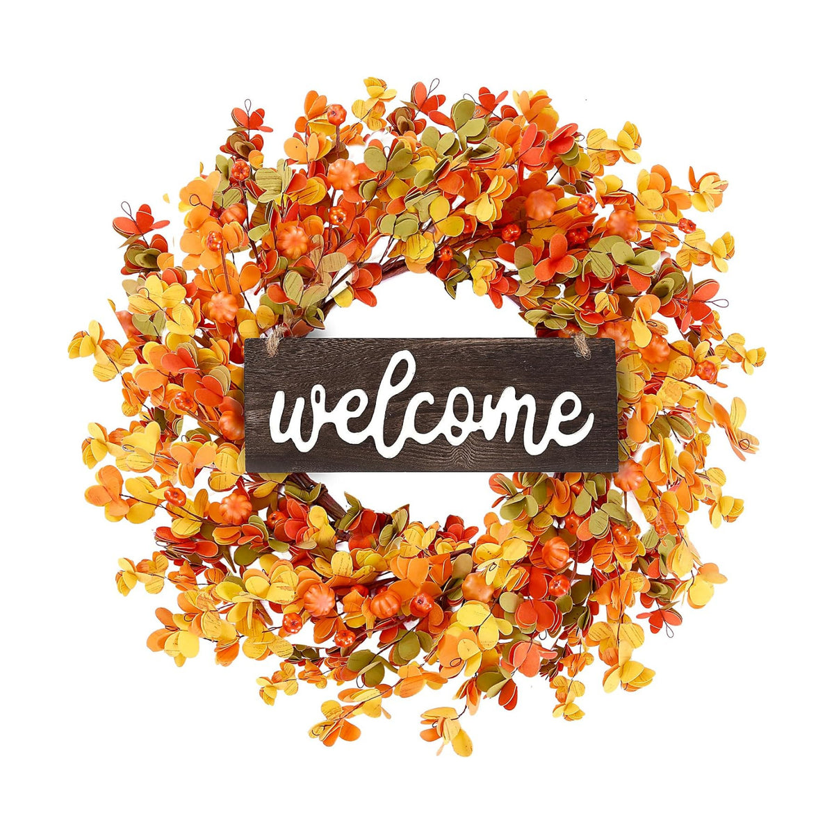 Sggvecsy Fall Wreath 20'' Autumn Front Door Wreath with Pumpkin Berry Round Leaves Fall Decorations for Outside Indoor Wall Window Festival Thanksgiving Harvest Fall Autumn Decor(Yellow)