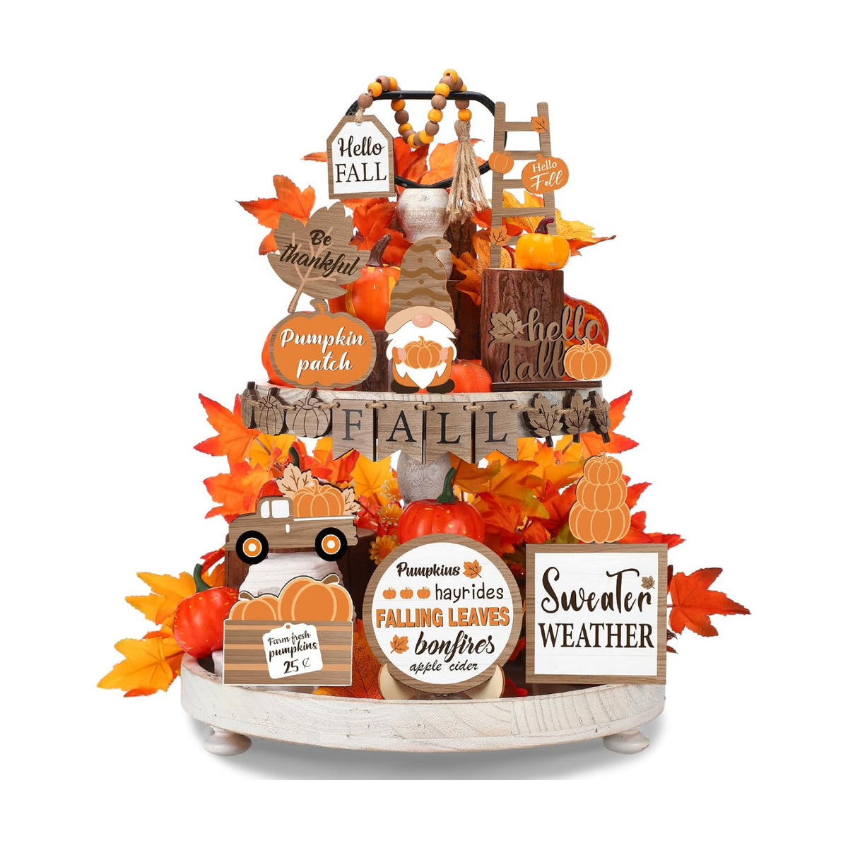 Maitys 21 Pcs Fall Tiered Tray Decor Set Hello Fall Pumpkin Gnome Truck Wood Sign Rustic Farmhouse Thanksgiving Wood Bead Decorative Tabletop Sign for Home Autumn Thanksgiving Harvest Table Shelf