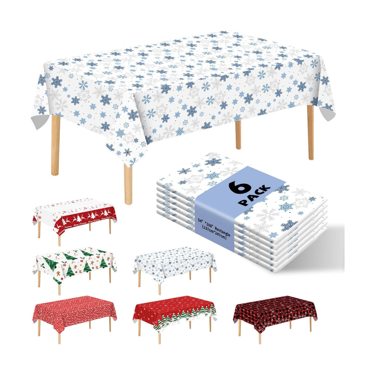6 Pack Christmas Snowflake Tablecloth Disposable Plastic Tablecloth Table Cover for Christmas Party Decoration Supplies 54" x 108" (Blue Snowflake)