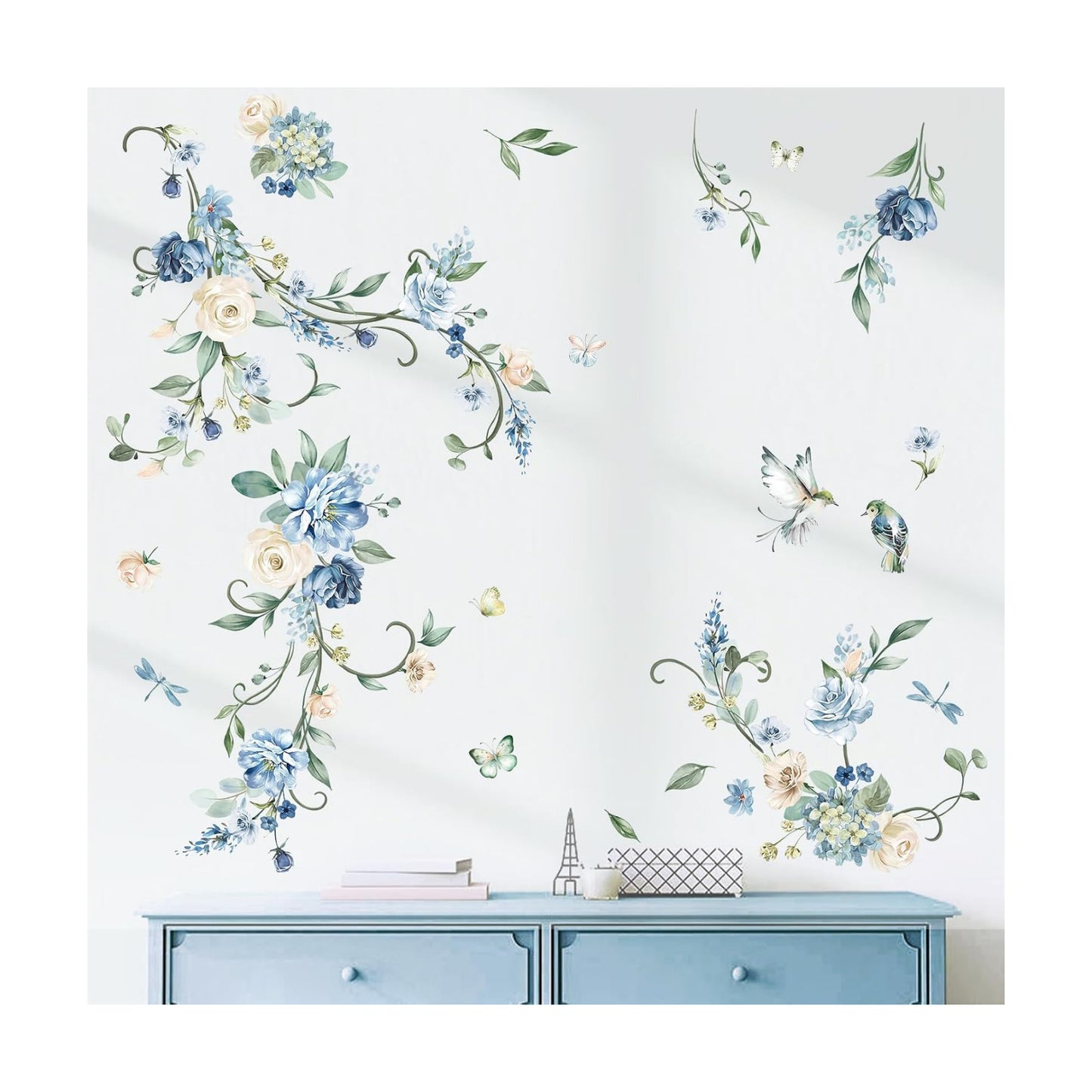 Flower Vines Wall Stickers Rose Watercolor Floral Peel and Stick Wall Art Decals / Blue