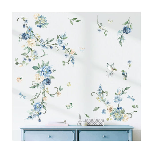 Flower Vines Wall Stickers Rose Watercolor Floral Peel and Stick Wall Art Decals / Blue