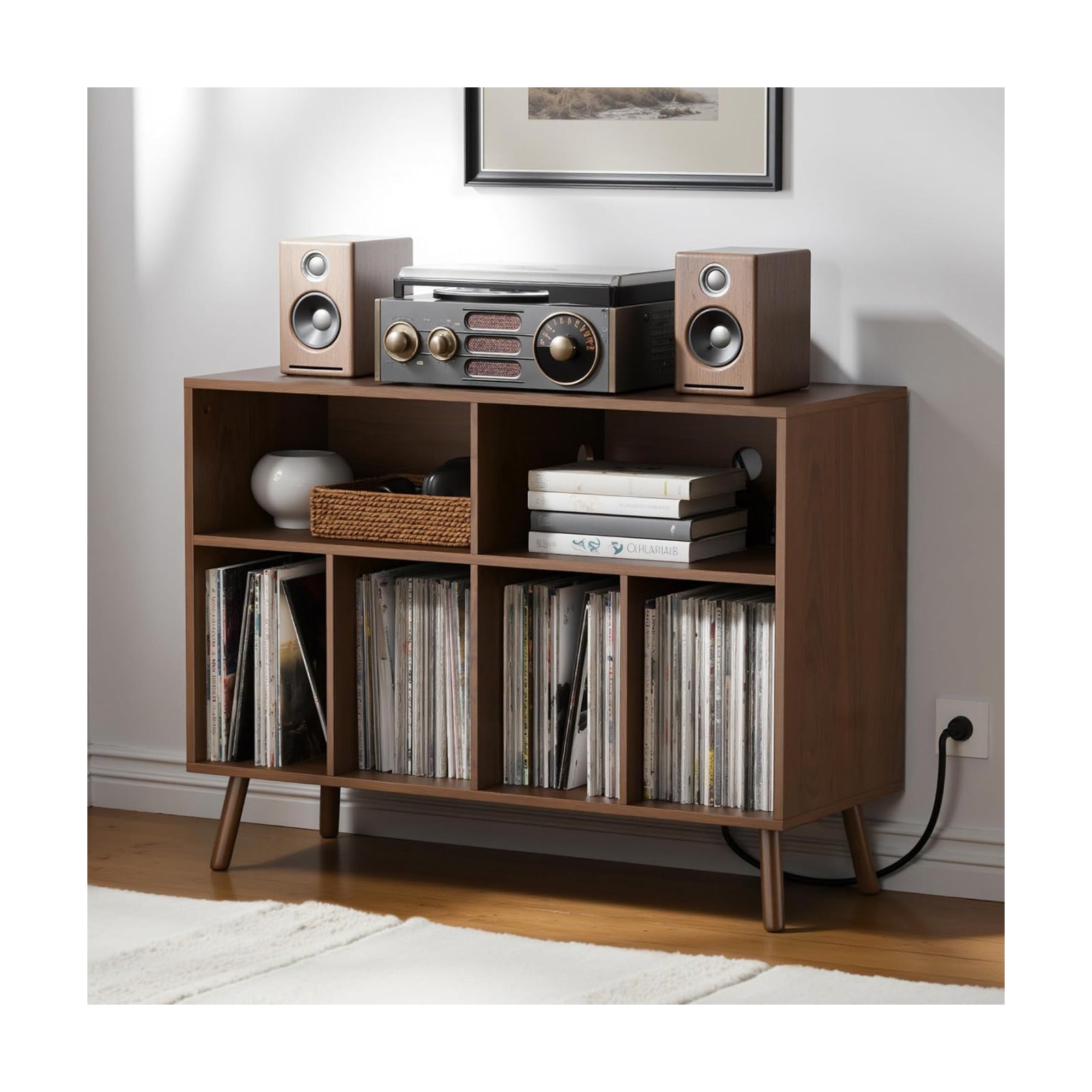 Record Player Stand with Vinyl Storage Cabinet, Wood Turntable Table Open Shelf Holder Up to 350 Albums Cube Storage