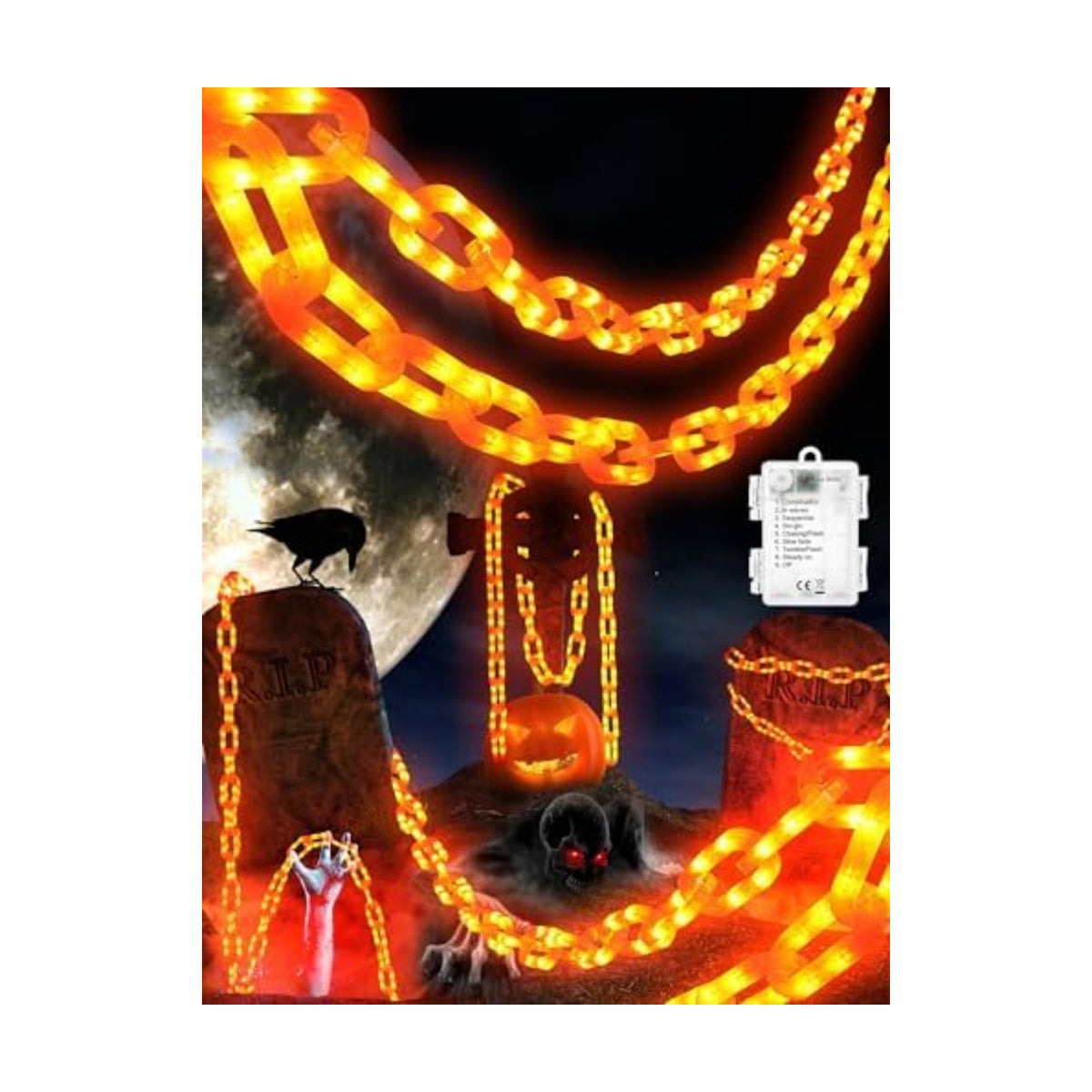 Battery Halloween Chain Lights, 10 FT 160 LED Orange Light-Up Plastic Timer