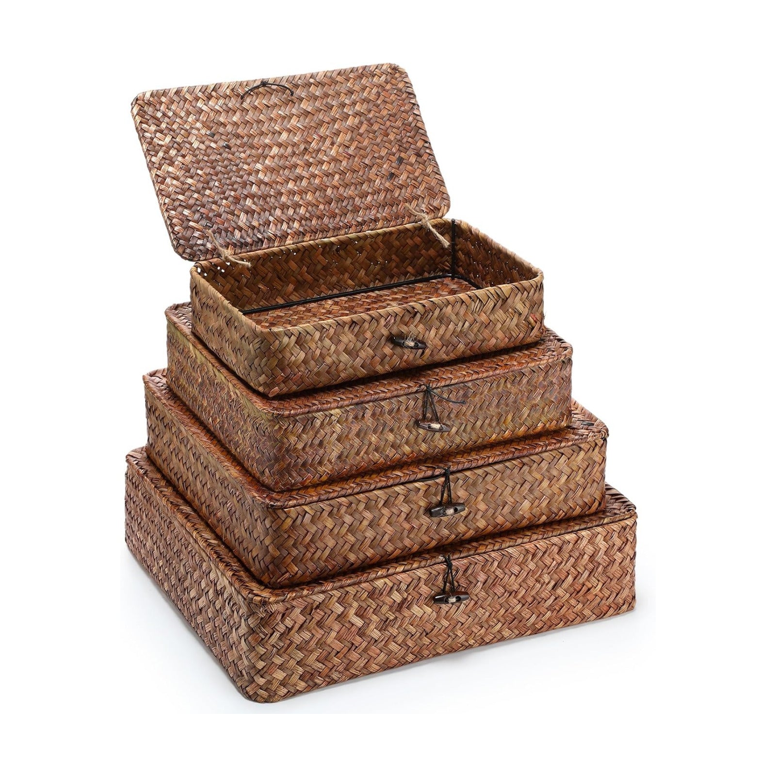 Seagrass Basket / Lid Wicker Storage Basket Decorative Storage Boxes / Dark Brown / Set of 4