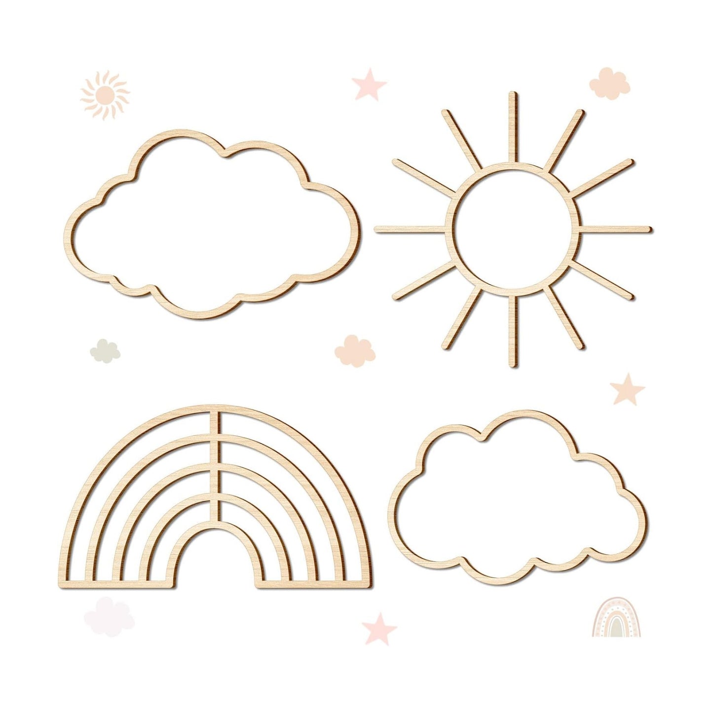 Boho Nursery Cloud Star Wall Decor Wooden Babyroom Moon Rattan Wall / Cloud, Rainbow, Sun / Set of 4