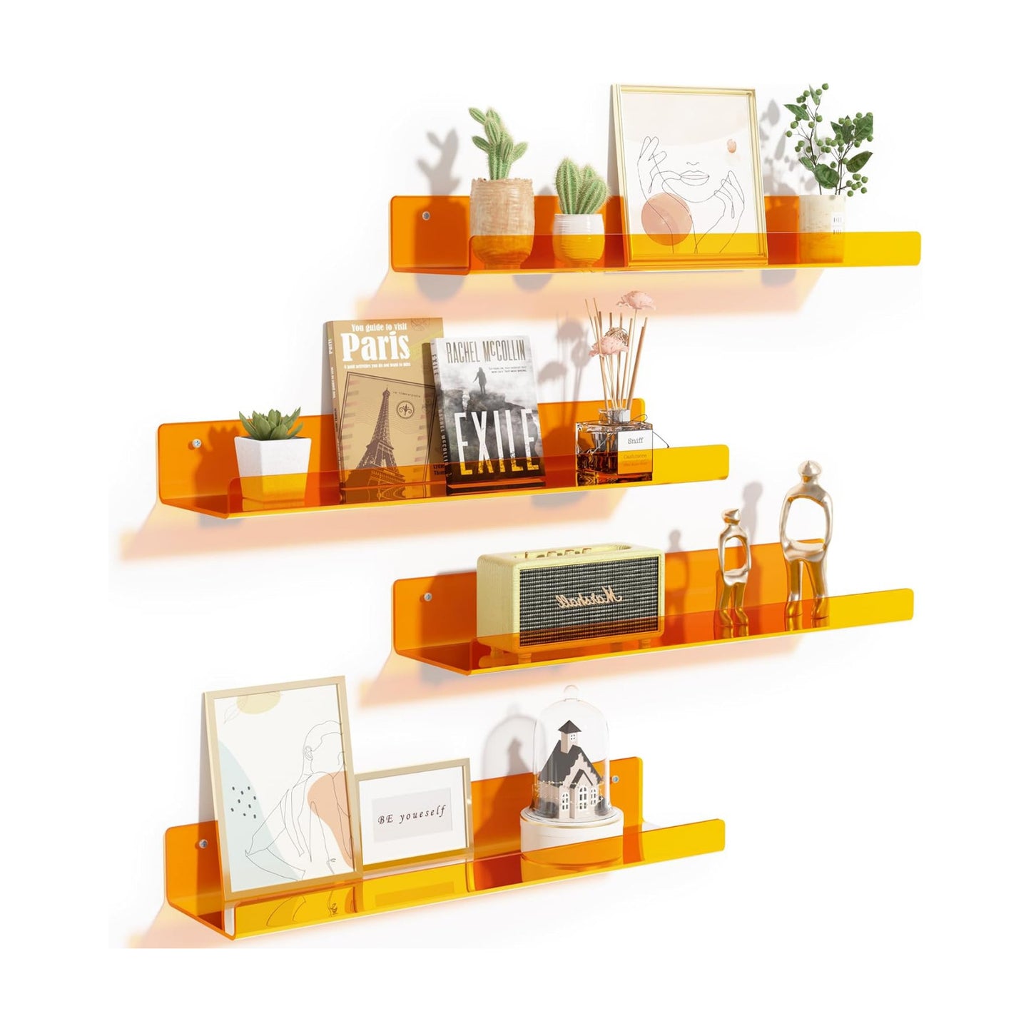upsimples 4 Pcs 15" Acrylic Shelves for Wall Decor and Display, Orange | Cute Floating Shelf for Perfume, Skincare