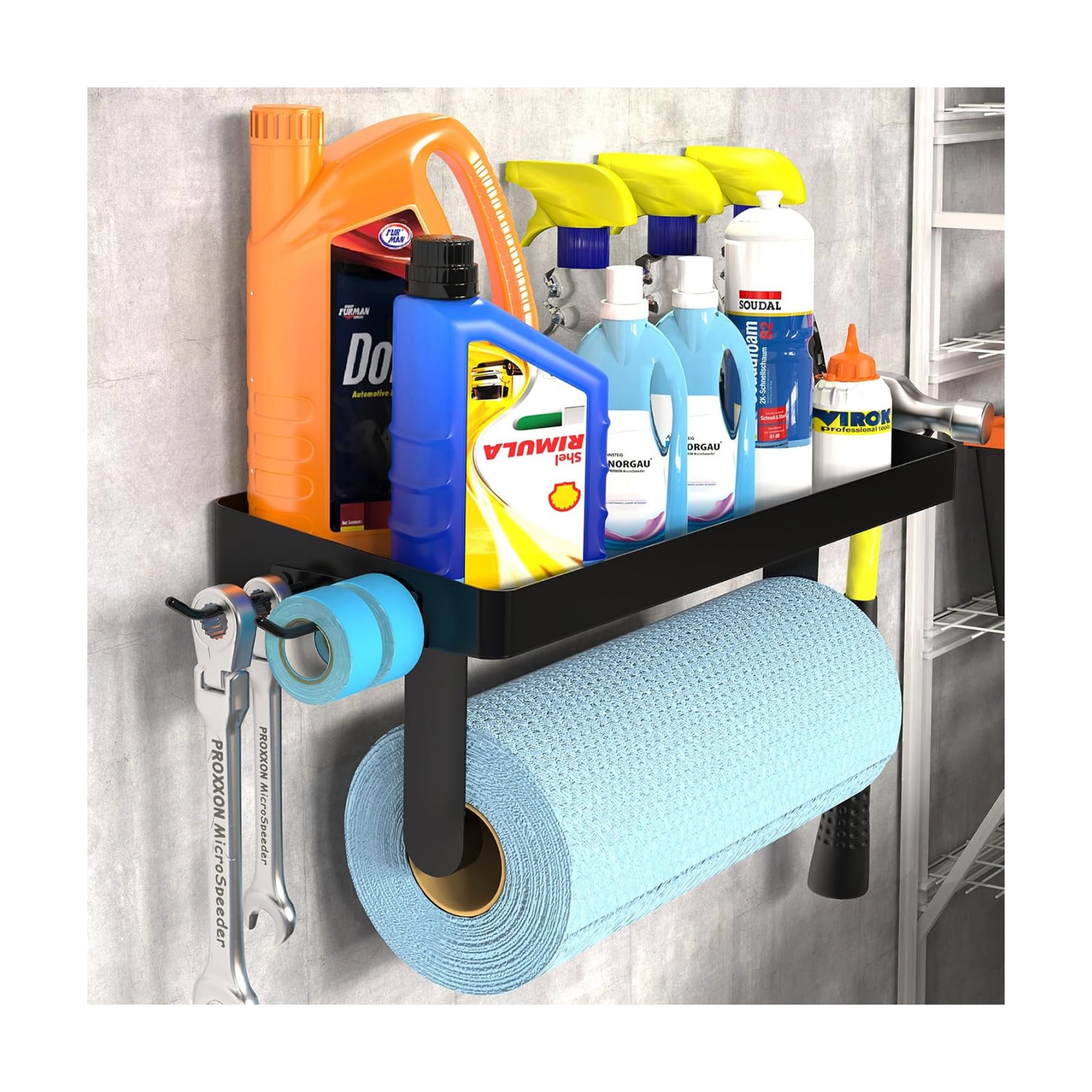 ZUNTO Wall Mounted Paper Towel Holder with Shelf for Garage, Drilling | Heavy Duty, Garage Organization and Storage