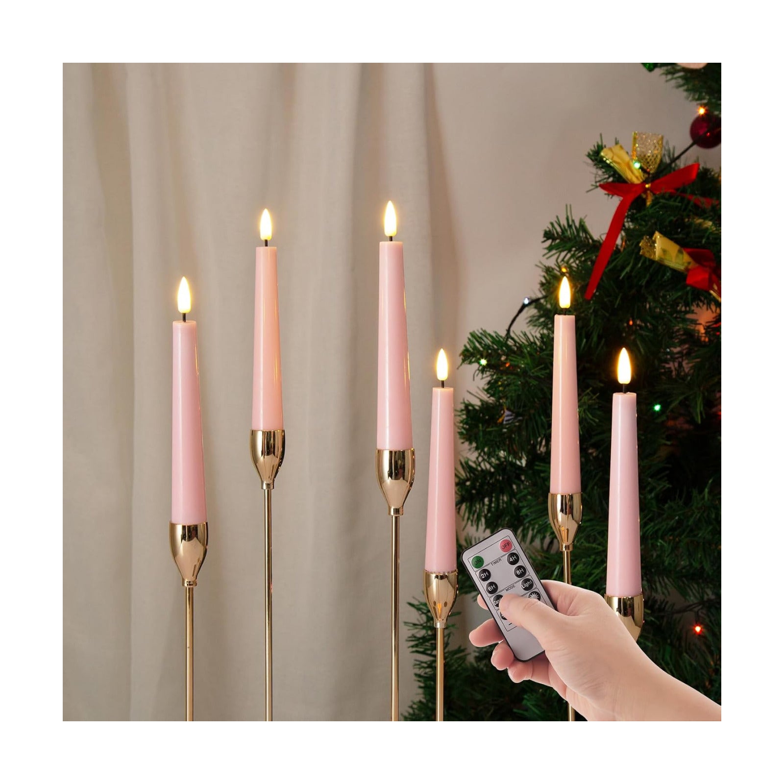 Short Pink Flameless Taper Candles with Remote Set of 6 | Flickering LED Candlesticks, Real Wax Coating, 2 AAA Battery