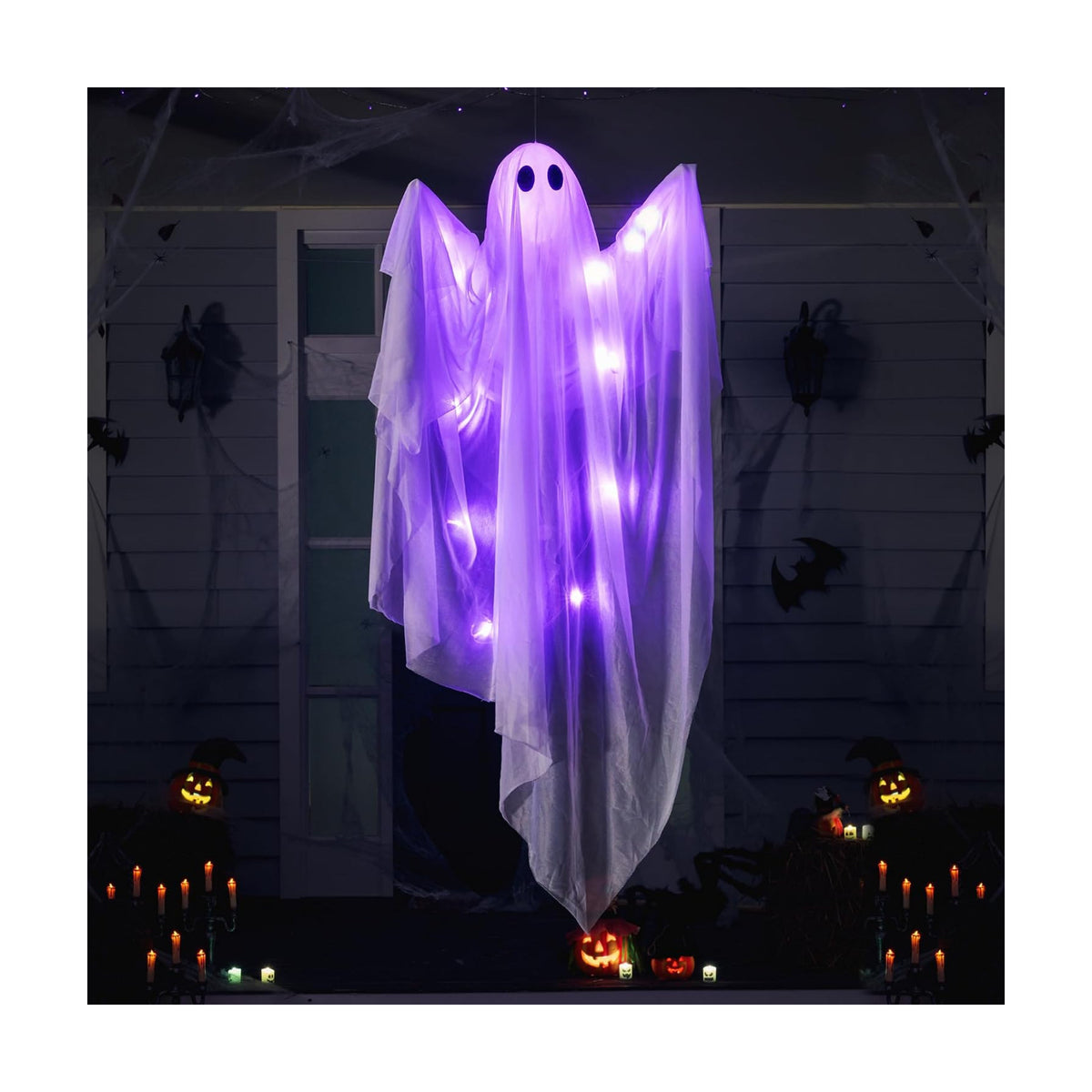 JOYIN Halloween Hanging Light up Ghost, 47" White Ghosts with Purple LED Light and Timer Halloween Hanging Decoration Waterproof for Front Yard Patio LawnGarden Party Decor Indoor Outdoor
