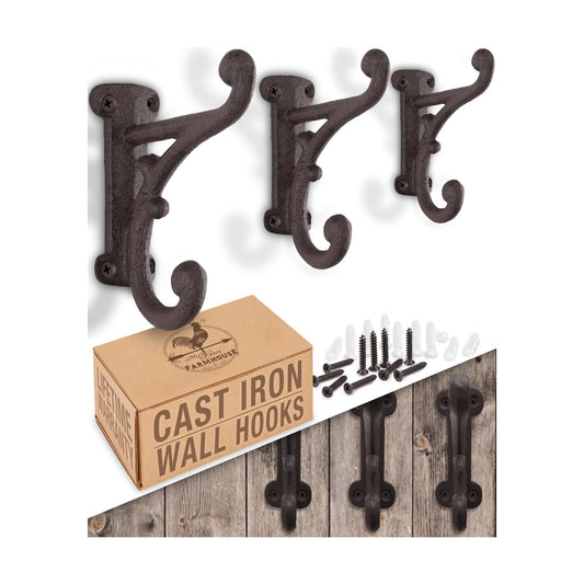 Rustic Cast Iron Coat Hooks Rustic Dark Brown / Large Ornate / Rustic Antique Brown / Set of 3