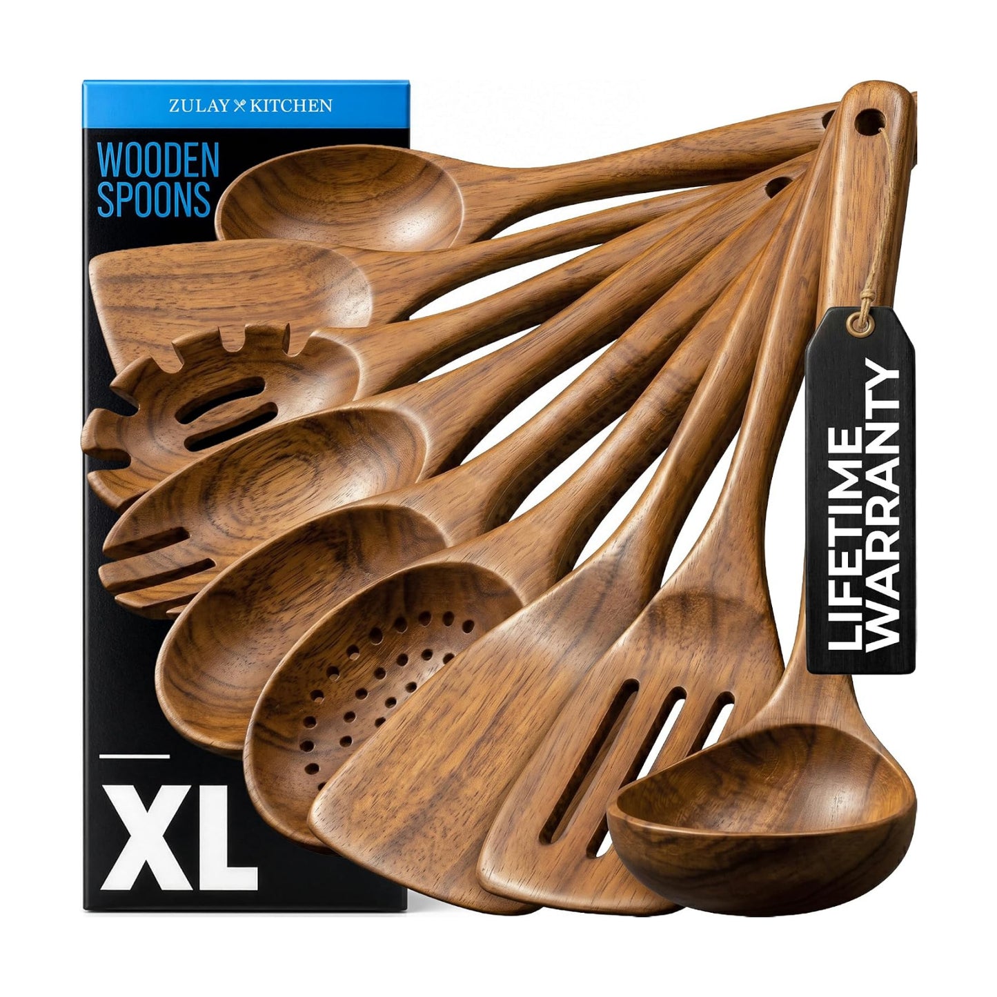 Zulay Kitchen 9-Piece Teak Wood Cooking Utensil Set – Non-Toxic & Non-Stick Safe Wooden Spoons & Kitchen Tools with