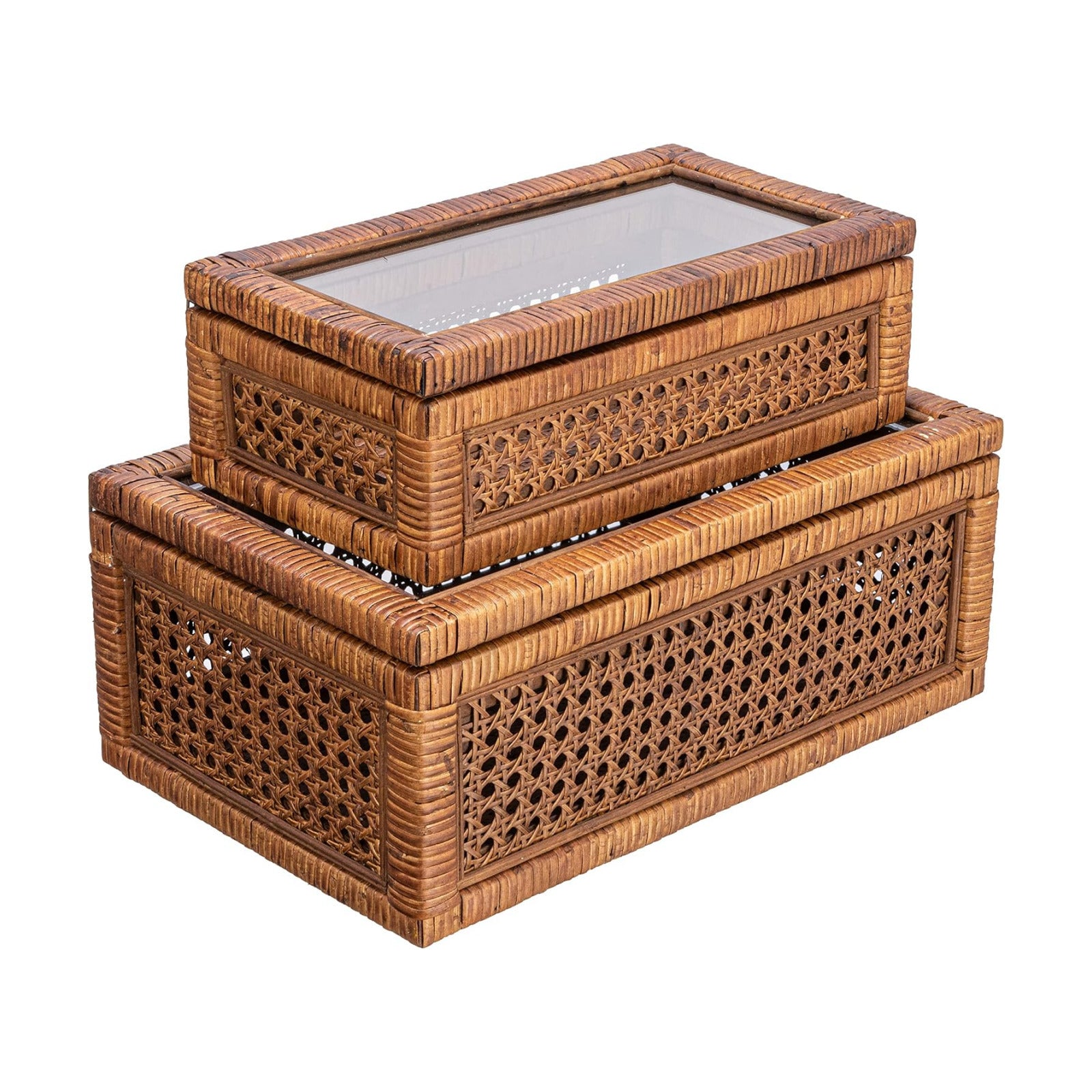 Modern Decorative Rectangle Woven Rattan and Wood Display / Dark Brown / Rectangular / Set of 2
