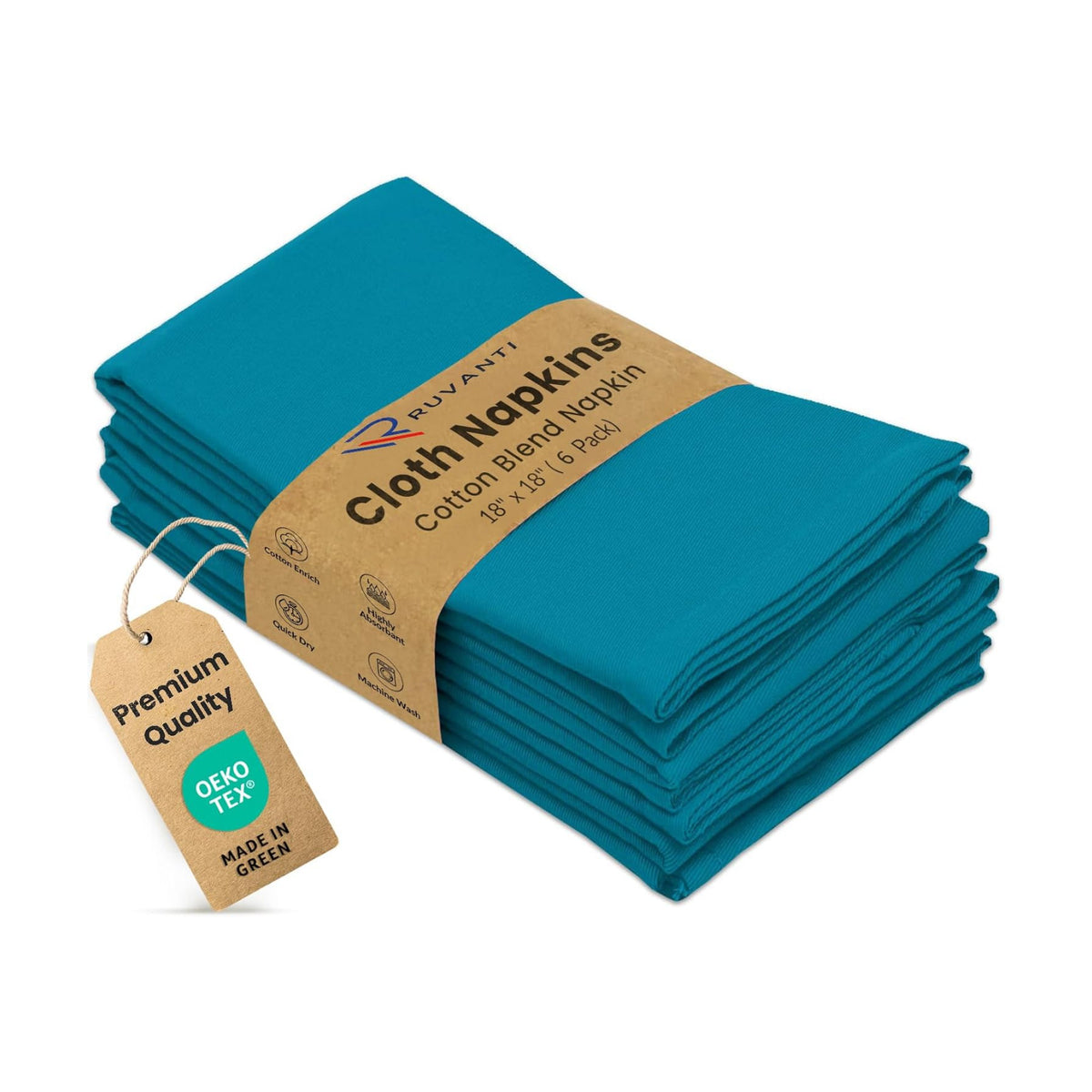 Ruvanti Cloth Napkins Set of 6, Cotton Enrich 18”x18” - Teal