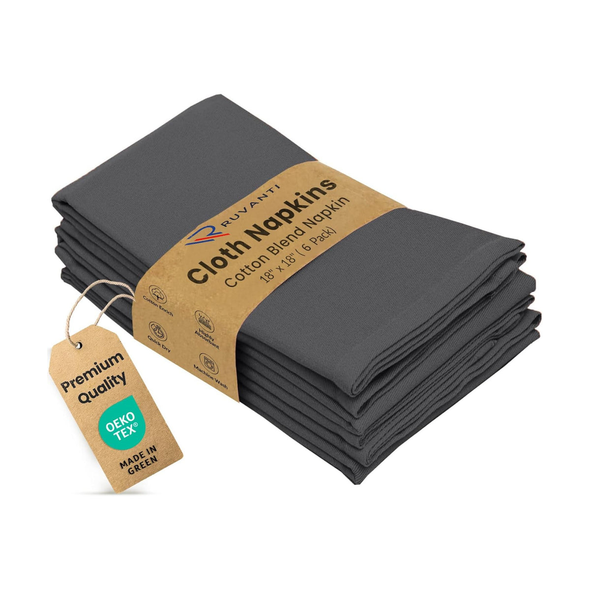 Ruvanti Cloth Napkins Set of 6, Cotton Enrich 18”x18” - Dark Grey