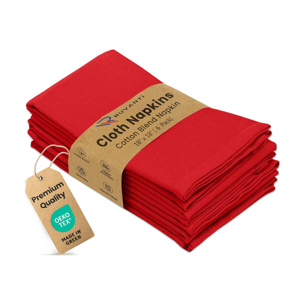 Ruvanti Cloth Napkins Set of 6, Cotton Enrich 18”x18” - Red