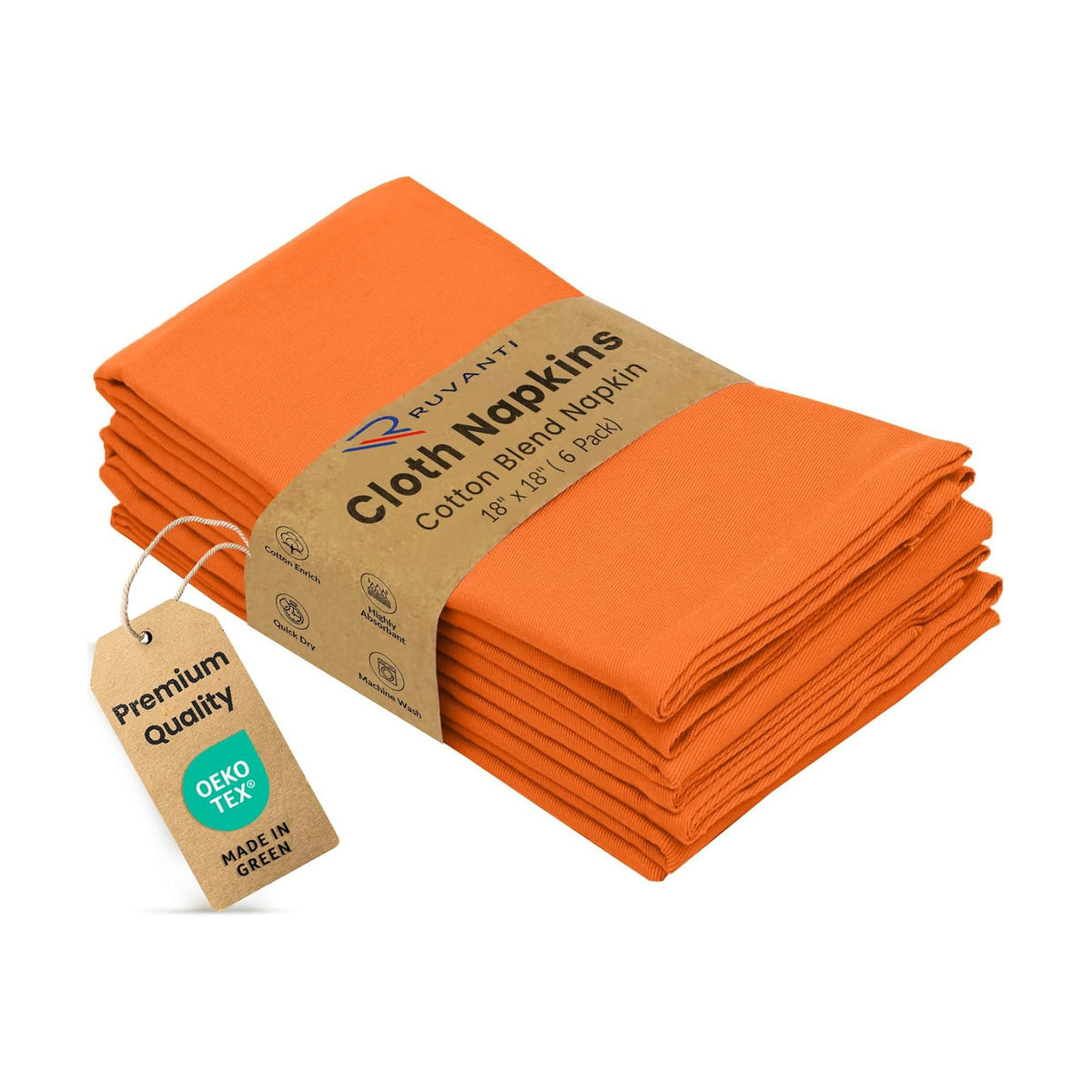 Ruvanti Cloth Napkins Set of 6, Cotton Enrich 18”x18” - Orange/Fall