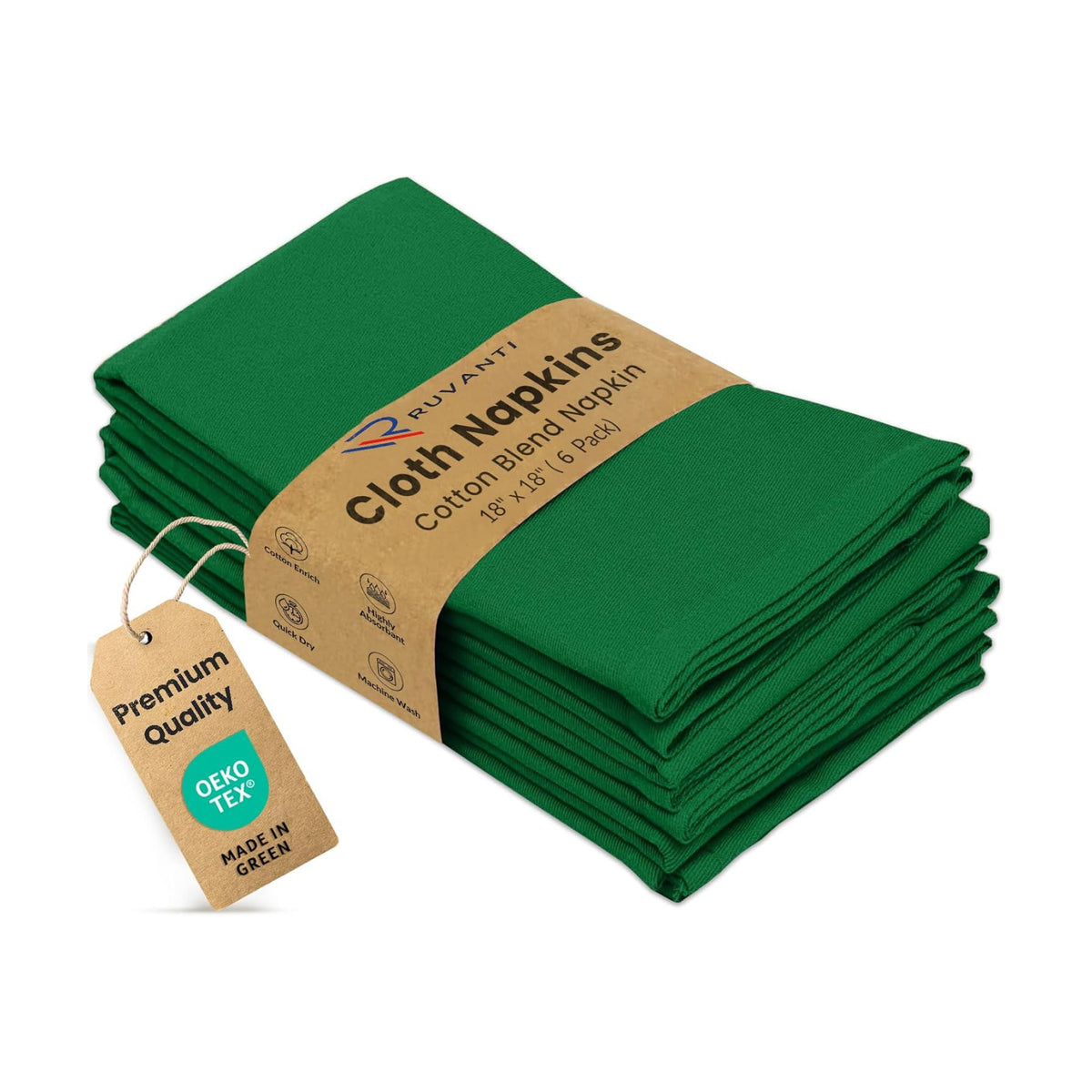 Ruvanti Cloth Napkins Set of 6, Cotton Enrich 18”x18” - Dark Green