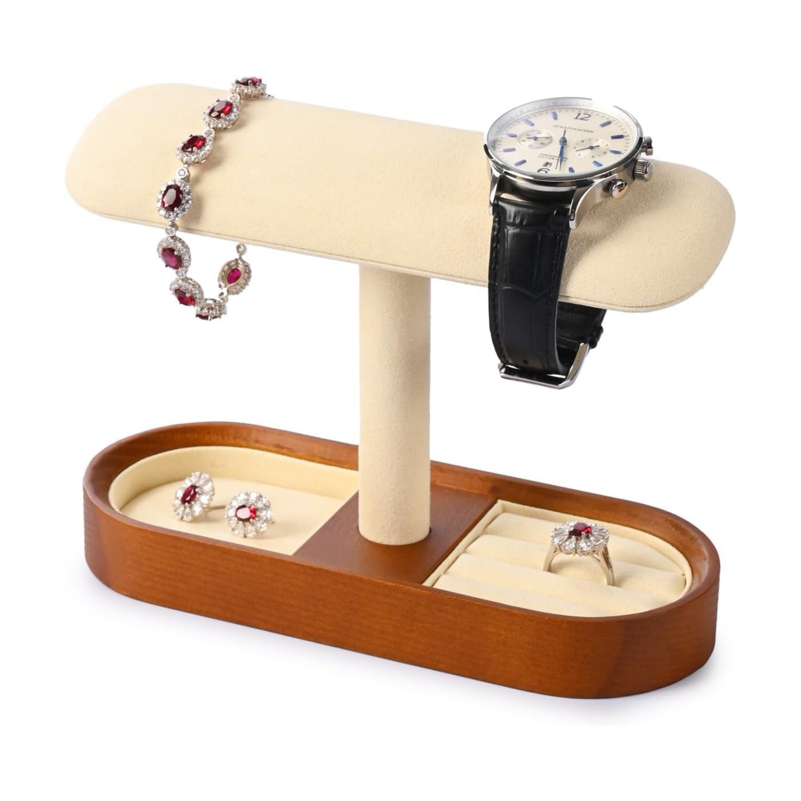 Oirlv Solid Wood Watch Stand T-bar Watch Holder Organizer for Men and Women Showcase Jewelry Display Stand Rings