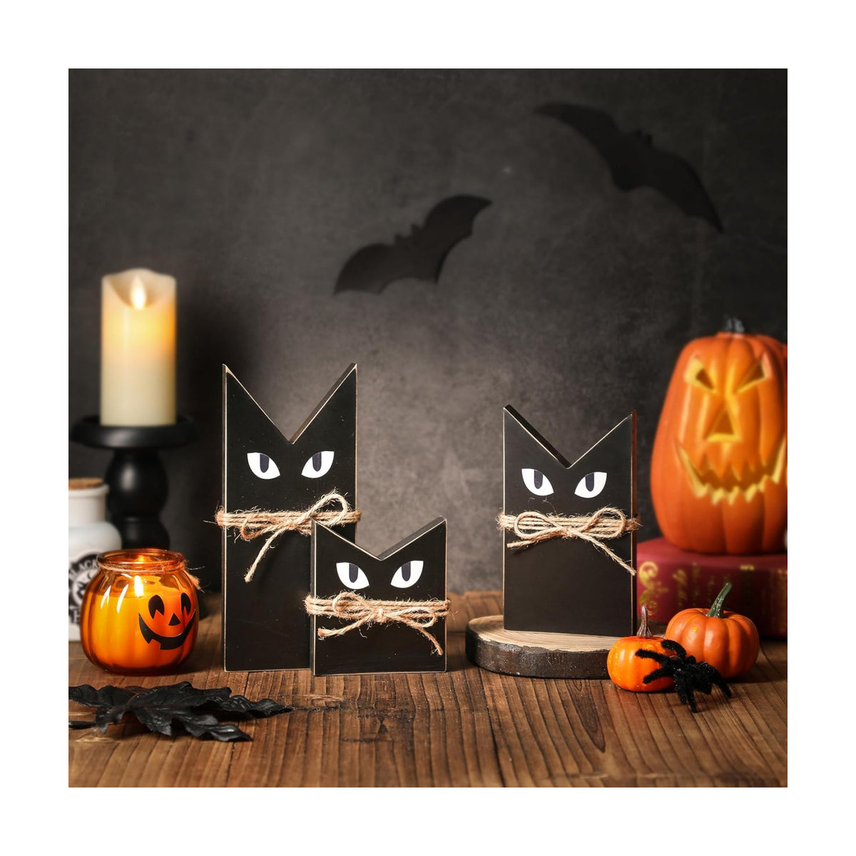 3 PCS Wooden Black Cats Decor, Spooky Cat Theme, Halloween Tiered Tray Decor, Farmhouse Halloween Tiered Tray and Mantle Decoration, Fall Accent, Wood Sign Rustic Style, Halloween Decoration Indoor