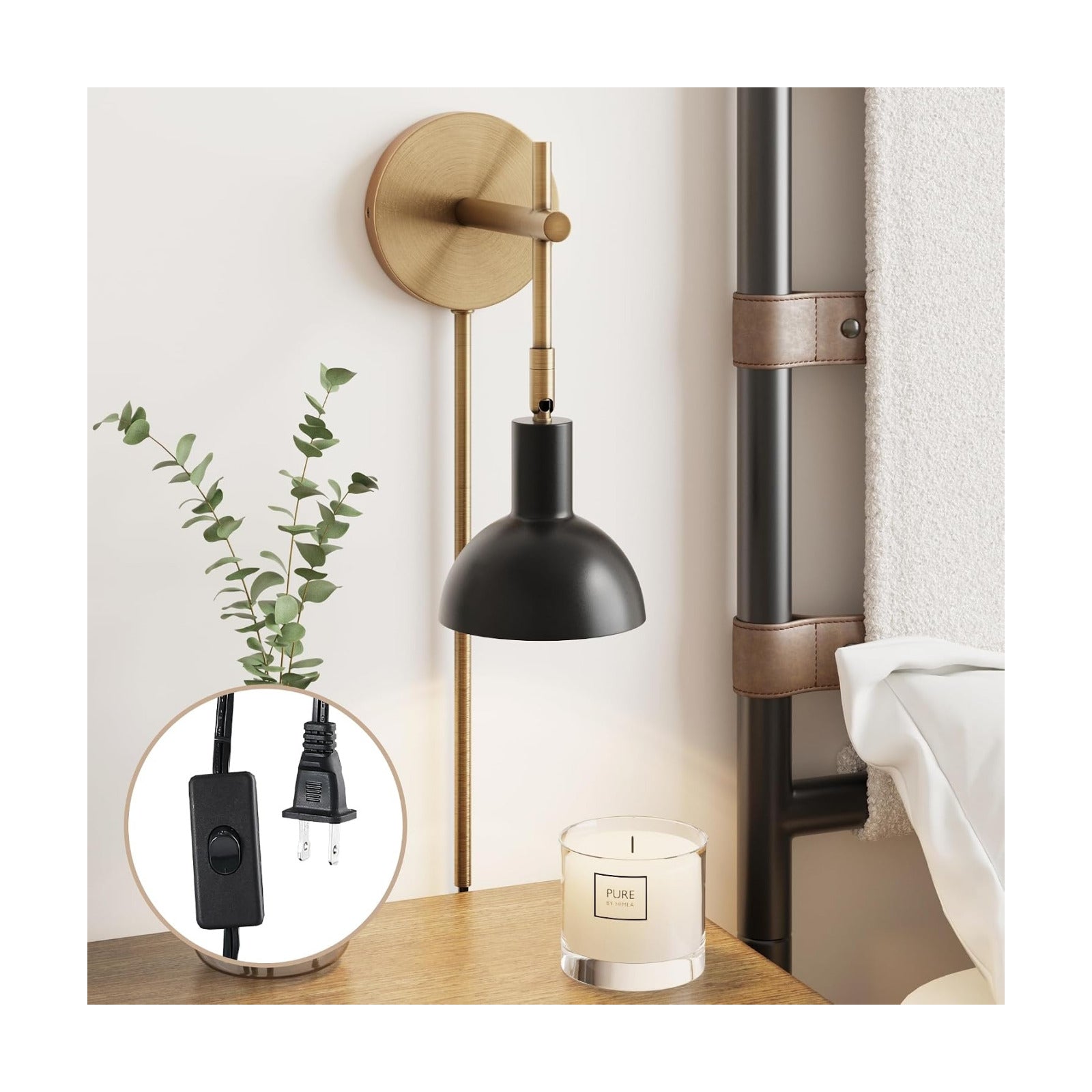 Nathan James Tamlin Wall Light Fixture, Wall Mounted 1-Light Lamp, Plugin Sconce with On/Off Switch for Living Room