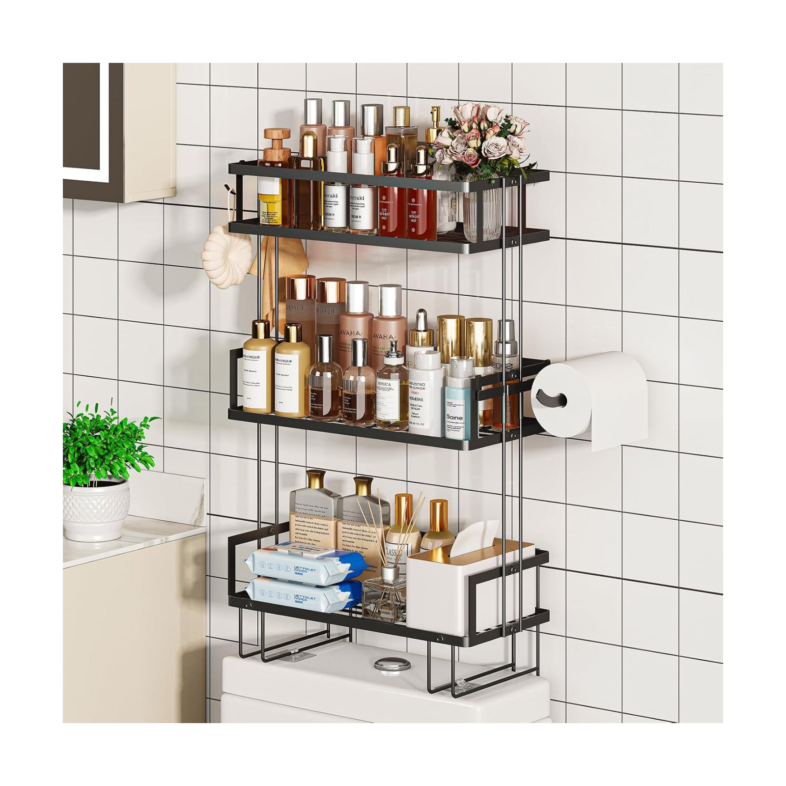 3-Tier Over Toilet Storage Shelf, Wall-Mount with 2 Hook/Paper Rack | Bathroom Organizers and Storage Cabinet