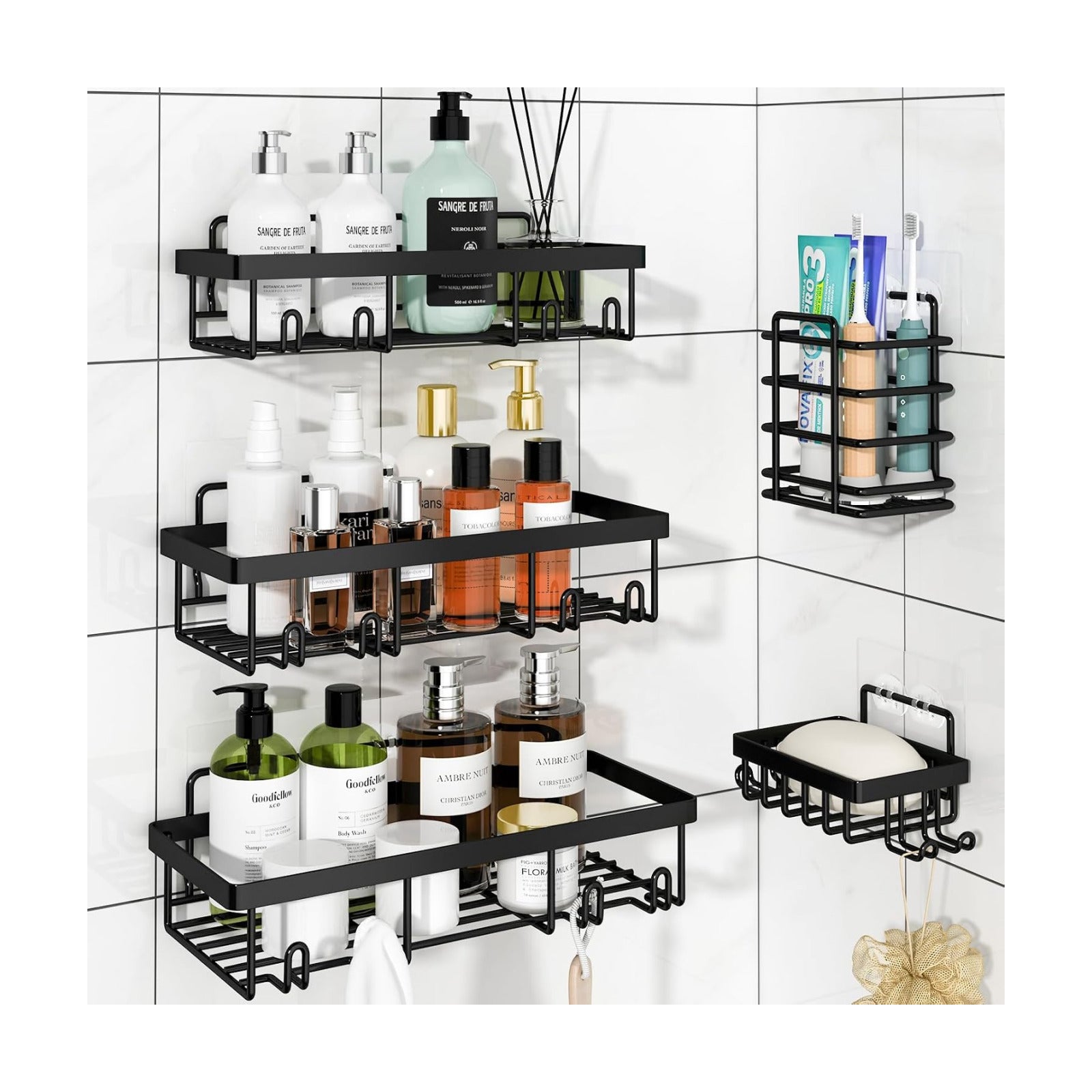 Adhesive Bathroom Wall Storage Basket Rustproof / Black / Set of 5