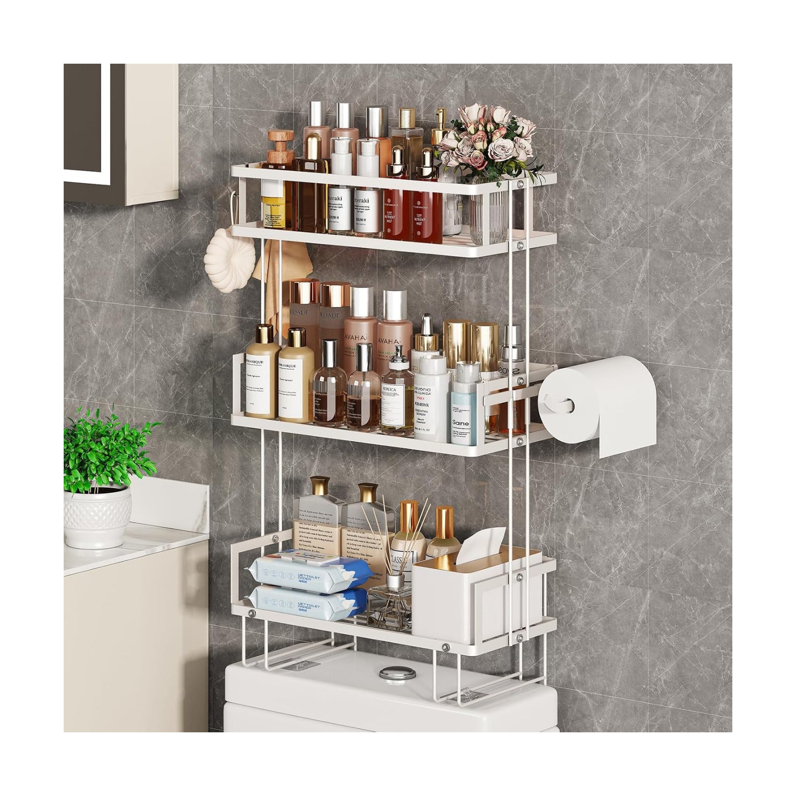 3-Tier Over Toilet Storage Shelf, Wall-Mount with 2 Hook/Paper Rack | Bathroom Organizers and Storage Cabinet