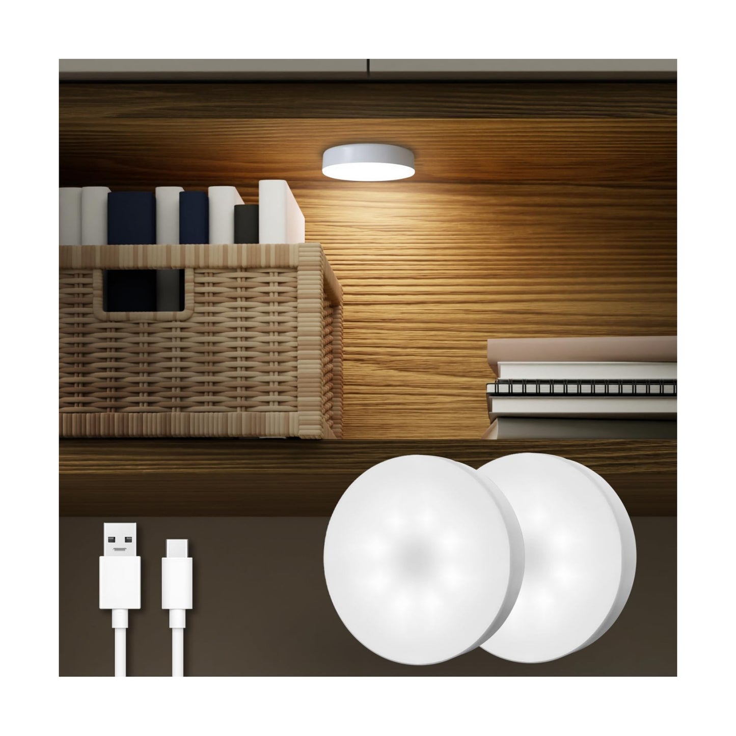DAZZY DOT Rechargeable Puck Lights 2-Pack, Magnetic Tap Light, Cool White | Dimmable touch control, magnetic & adhesive