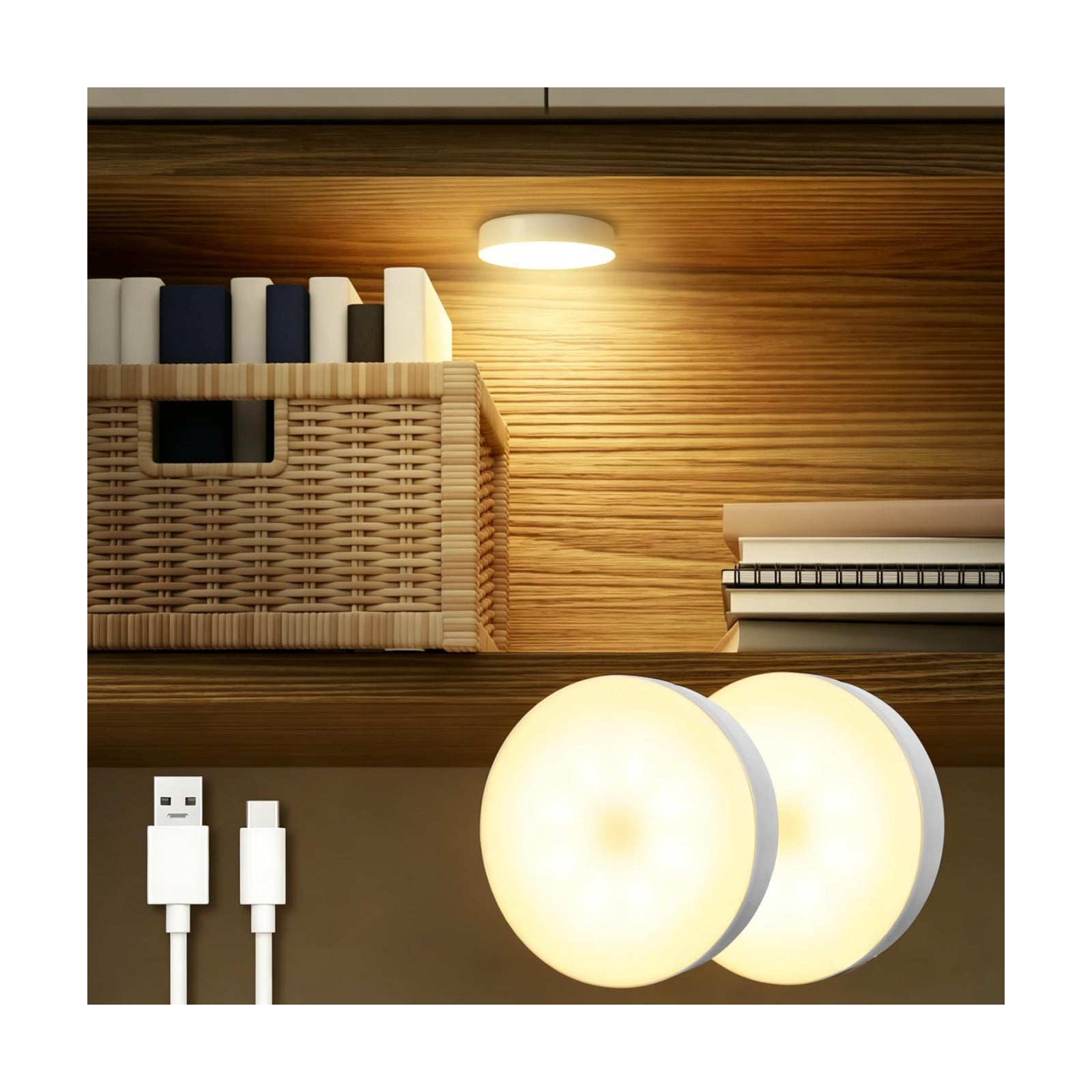 DAZZY DOT Rechargeable Puck Lights 2-Pack, Magnetic Tap Light, Warm Yellow | Dimmable touch control, magnetic &