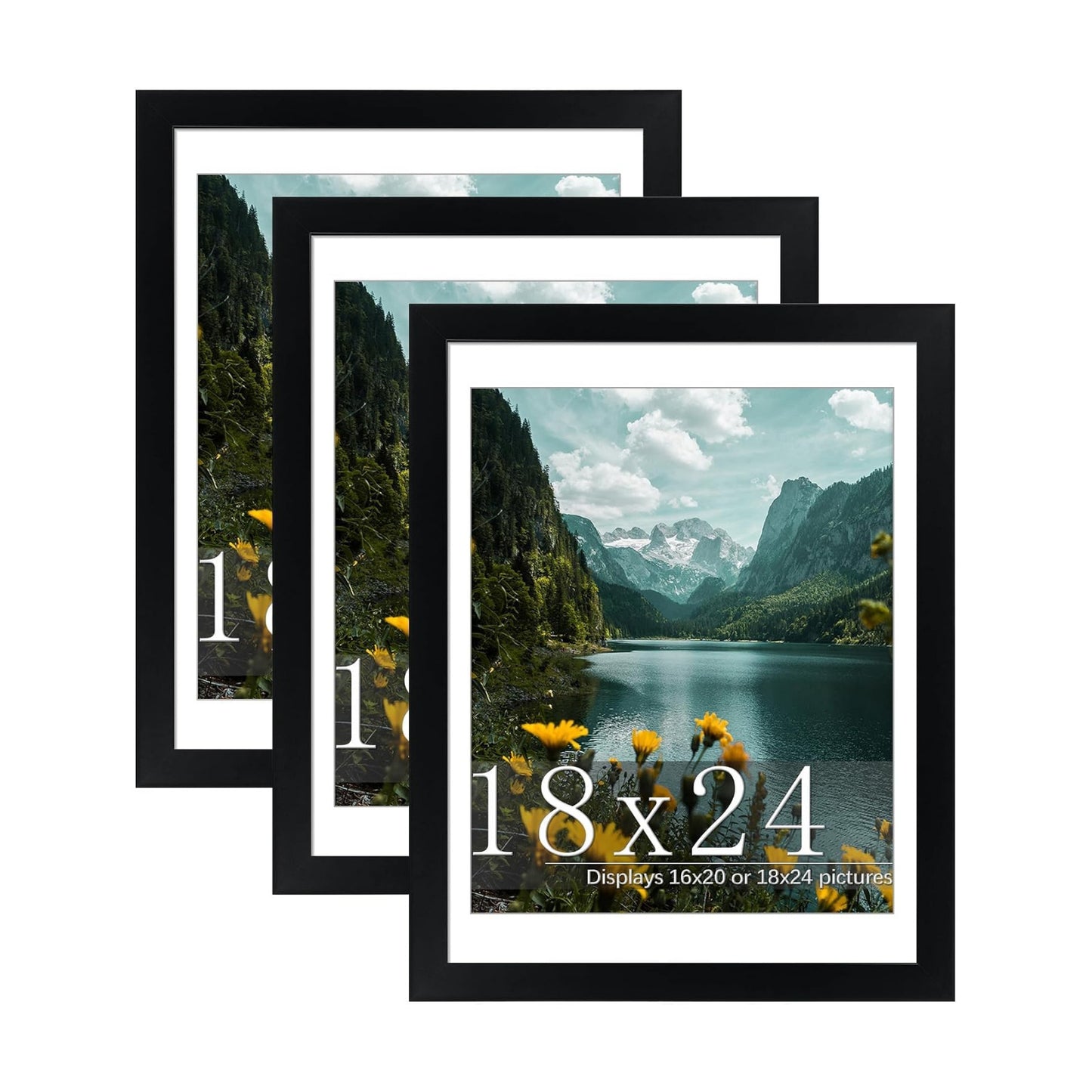 18x24 Black Poster Frame, Picture Frame for Wall, 3 Pack | Fits 16x20 Photos With Mat or 18x24 Without Mat, Vertical or