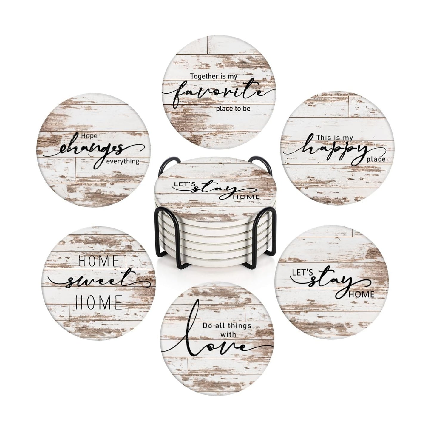 Vintage Farmhouse Home Happy Saying Absorbent Round Ceramic Stone Mat / Rusty Wood / Set of 6