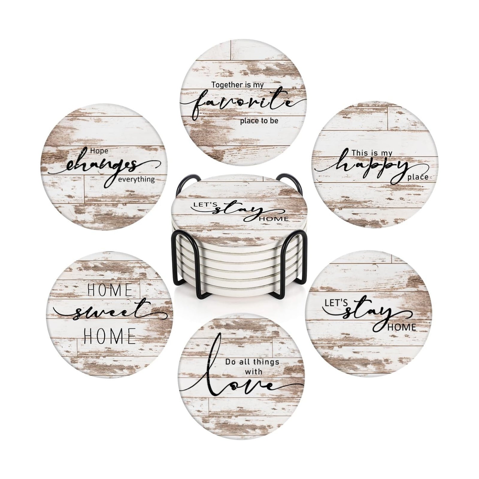 Vintage Farmhouse Home Happy Saying Absorbent Round Ceramic Stone Mat / Rusty Wood / Set of 6