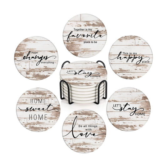 Vintage Farmhouse Home Happy Saying Absorbent Round Ceramic Stone Mat / Rusty Wood / Set of 6
