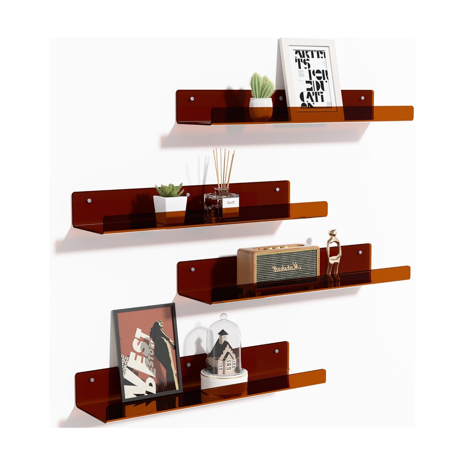 upsimples 4 Pcs 15" Acrylic Shelves for Wall Decor and Display, Brown | Cute Floating Shelf for Perfume, Skincare, Nail