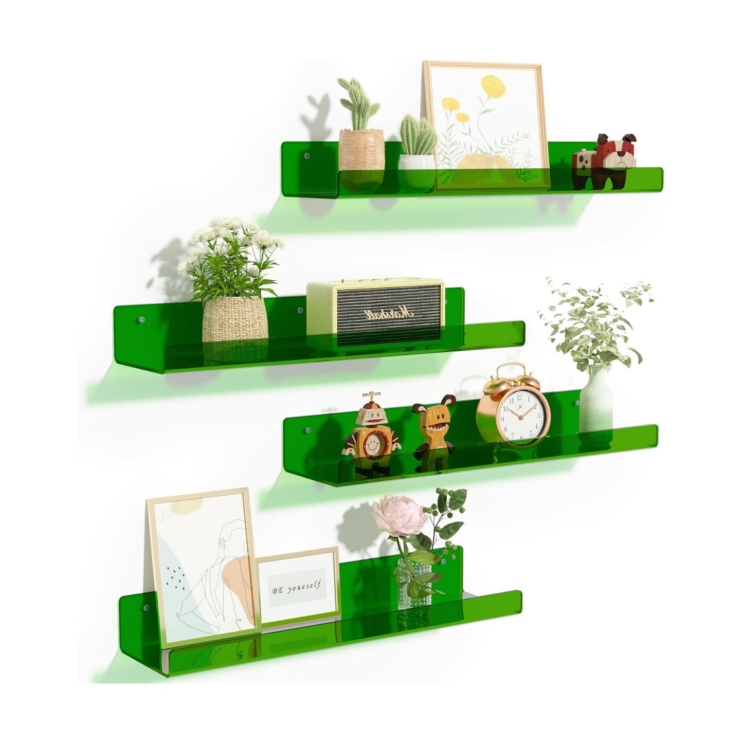 upsimples 4 Pcs 15" Acrylic Shelves for Wall Decor and Display, Green | Cute Floating Shelf for Perfume, Skincare, Nail