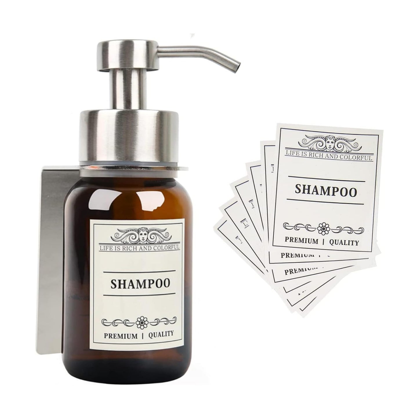 Wall Mount Soap & Shampoo Dispenser, 8.5oz Silver Pump Bottle | silver & brown design with leakproof pump and