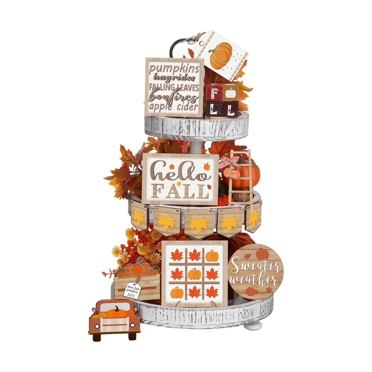 Fairysandy 14 Pcs Fall Tiered Tray Decor Set Maple Wooden Table Sign