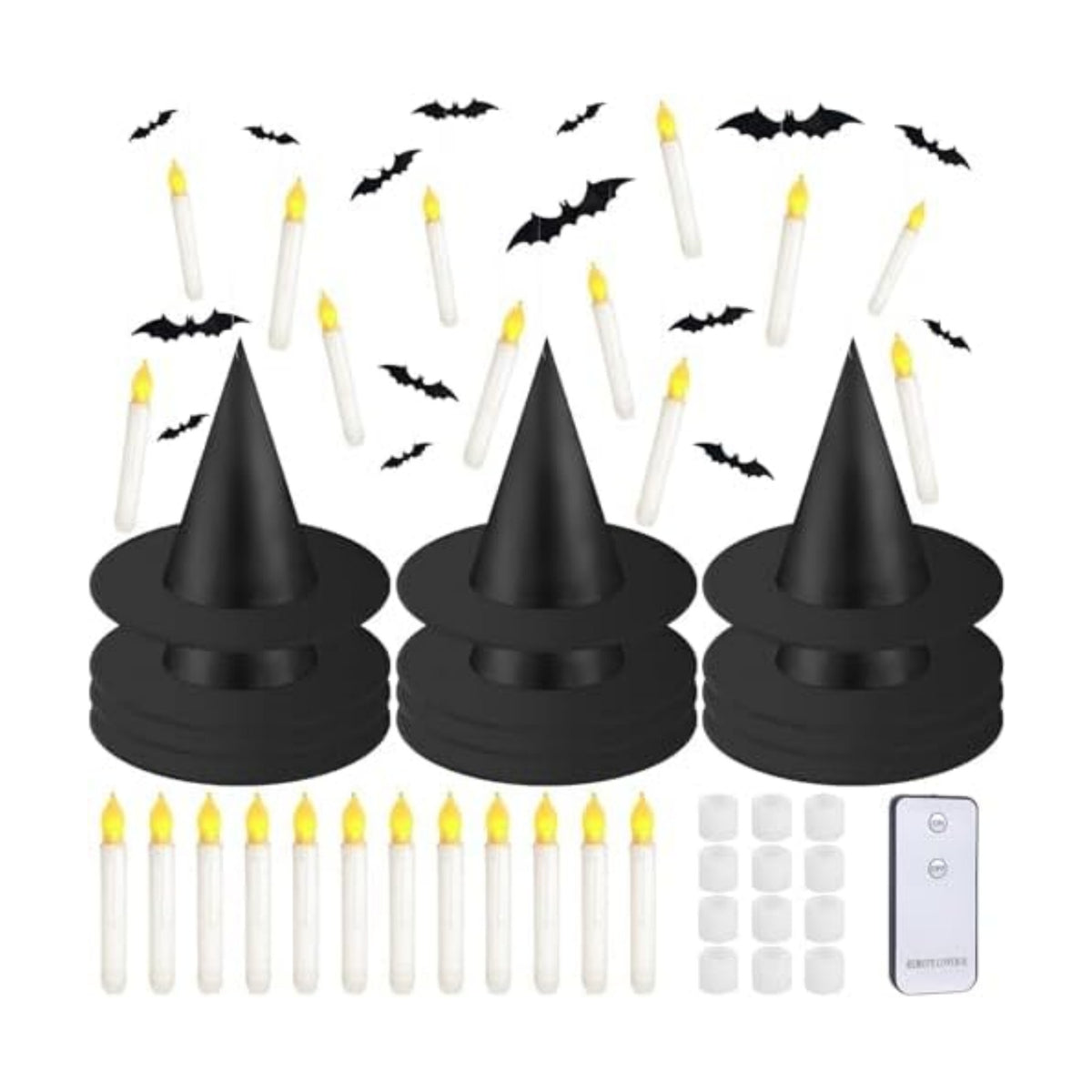 80 Pcs Halloween Hanging Witch Hats and Taper Floating Candles Set