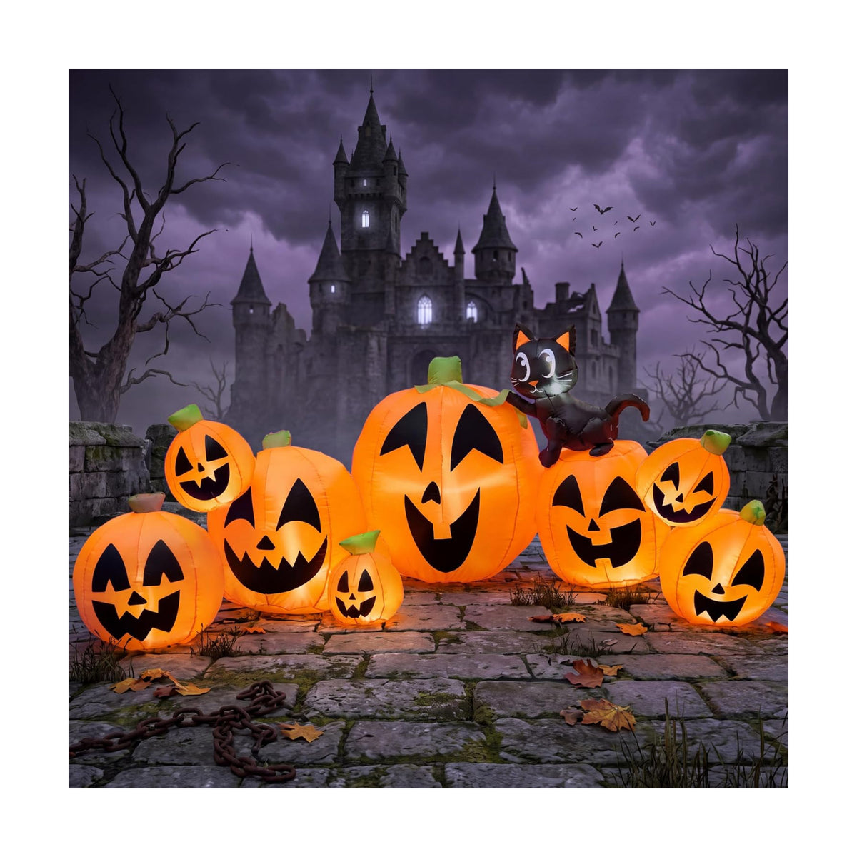 Joiedomi 10 FT Long Halloween Inflatables Outdoor Decorations, Blow Ups Inflatable Pumpkin for Yard with Witch's Cat, 8 Pcs Blow Up Pumpkin Decor for Halloween Decorations Outside