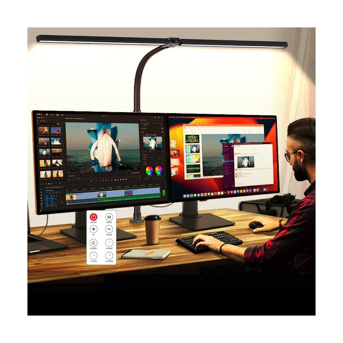LED Desk Lamp with Clamp, Dual Head Monitor Light, Remote | 24W Dimmable Eye-Caring Task Lamp with Timer, Anti-Glare