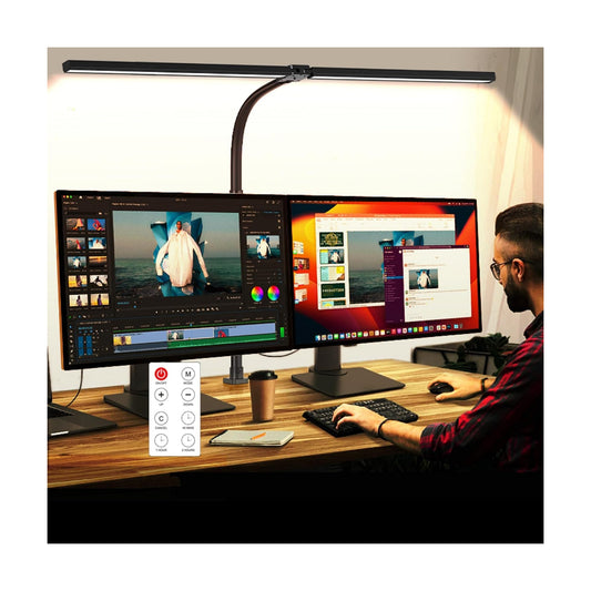 LED Desk Lamp with Clamp, Dual Head Monitor Light, Remote | 24W Dimmable Eye-Caring Task Lamp with Timer, Anti-Glare