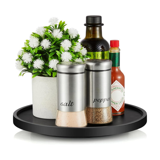 9" Wood Lazy Susan Turntable Organizer, Lazy Susan for Table Top Cabinet Dining Pantry Countertop Cupboard Organization, Decorative Tray for Kitchen Bathroom Decor Coffee Bar Accessories, Black